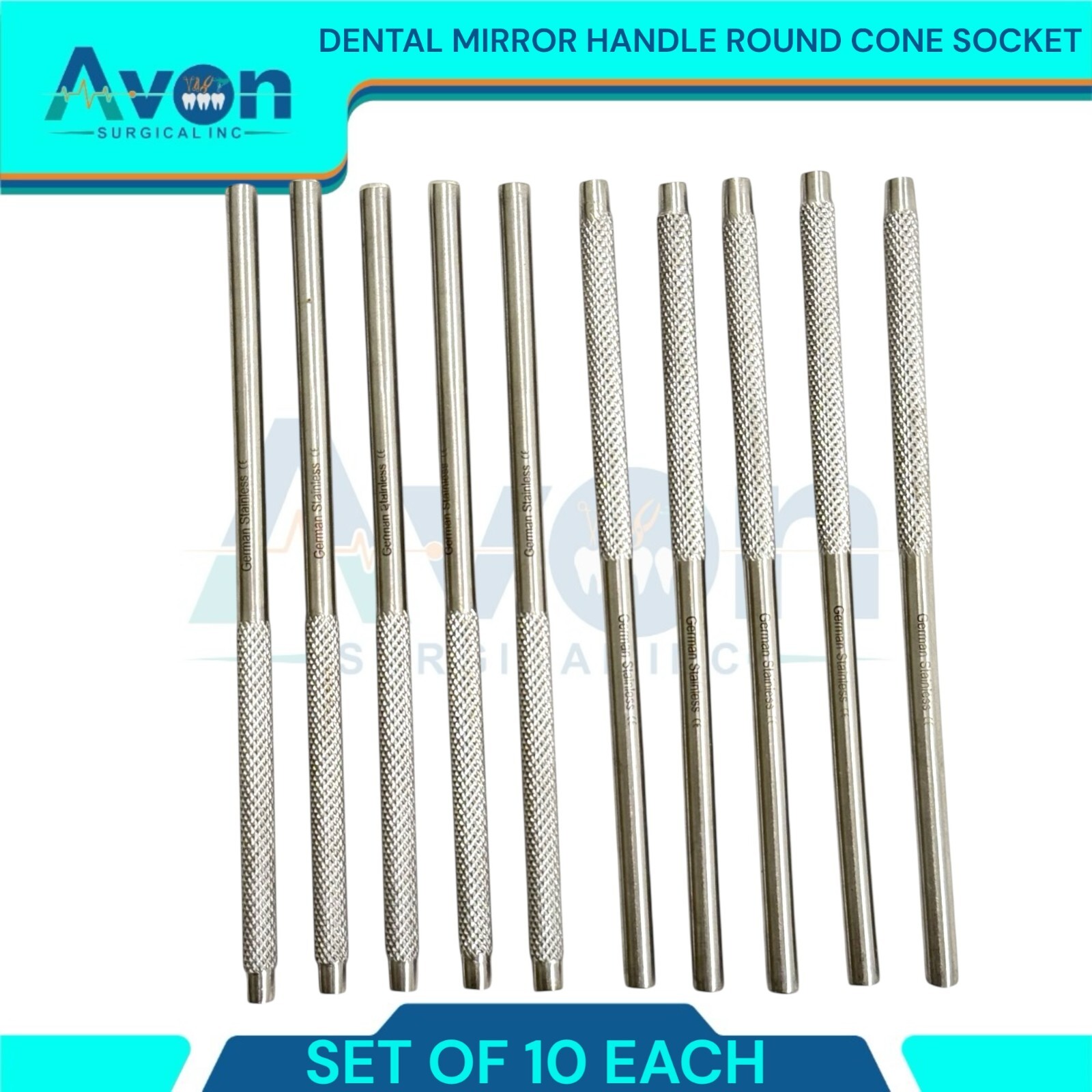 Oral Cone Socket Knurled Grip Mouth Mirror Handles – Pack of 10 -Stainless Steel
