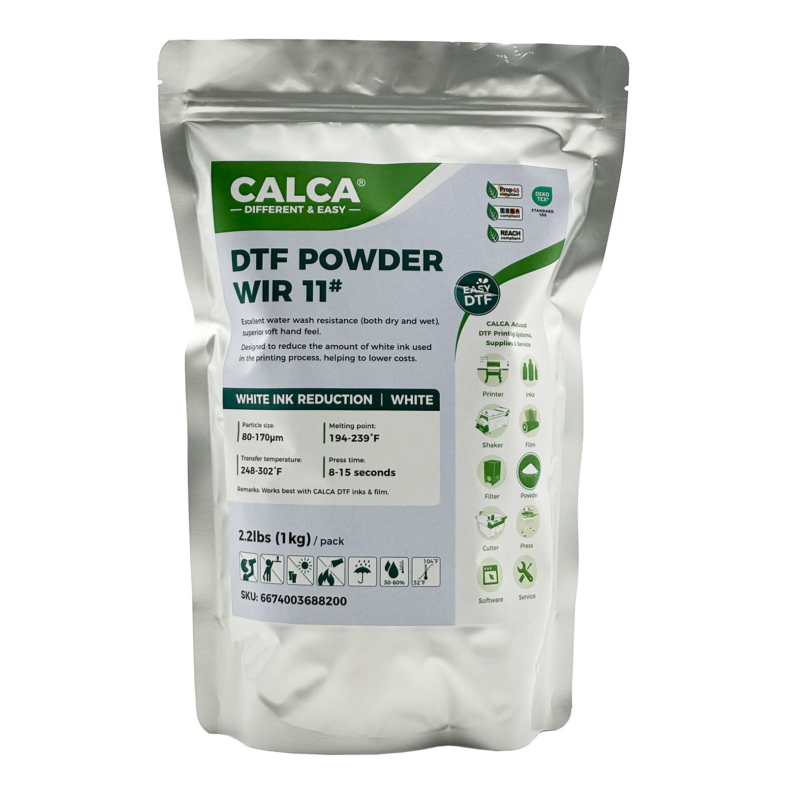 CALCA WIR11 White Ink Reduction Hot Melt DTF Powder (2.2lbs, 1kg, Fine, White)