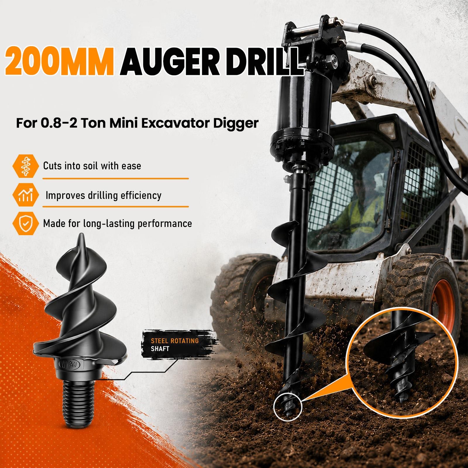 Mini Excavator Attachment Hydraulic Auger Drill 0.8Ton-2Ton 200mm Diameter Auger
