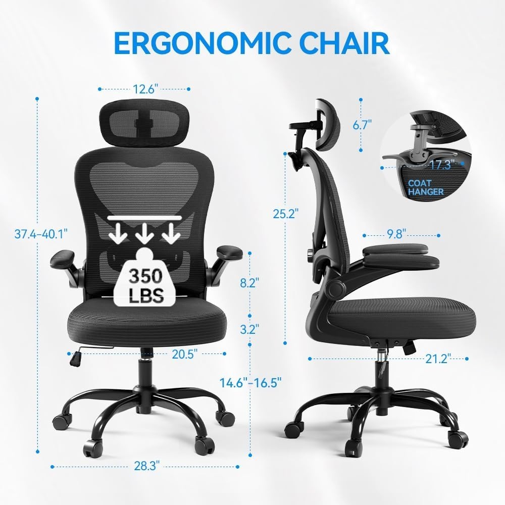 Ergonomic Office Chair with Headrest 3D, Mesh Office Desk Chair with Adjustab…