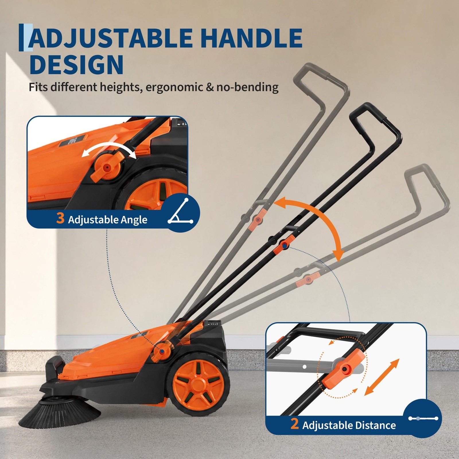 Walk-behind Hand Push Floor Sweeper w/25.6″ Width & 5-Gallon Waste Container