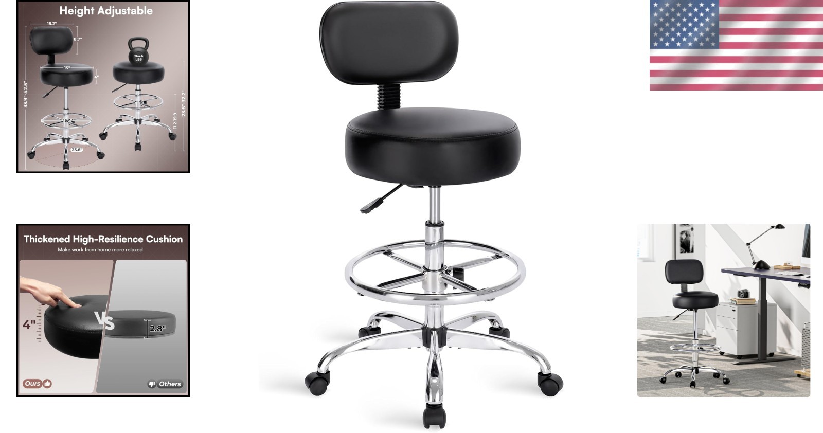 Drafting Chair with Back Cushion Adjustable Foot Rest Black Alloy Steel Seat