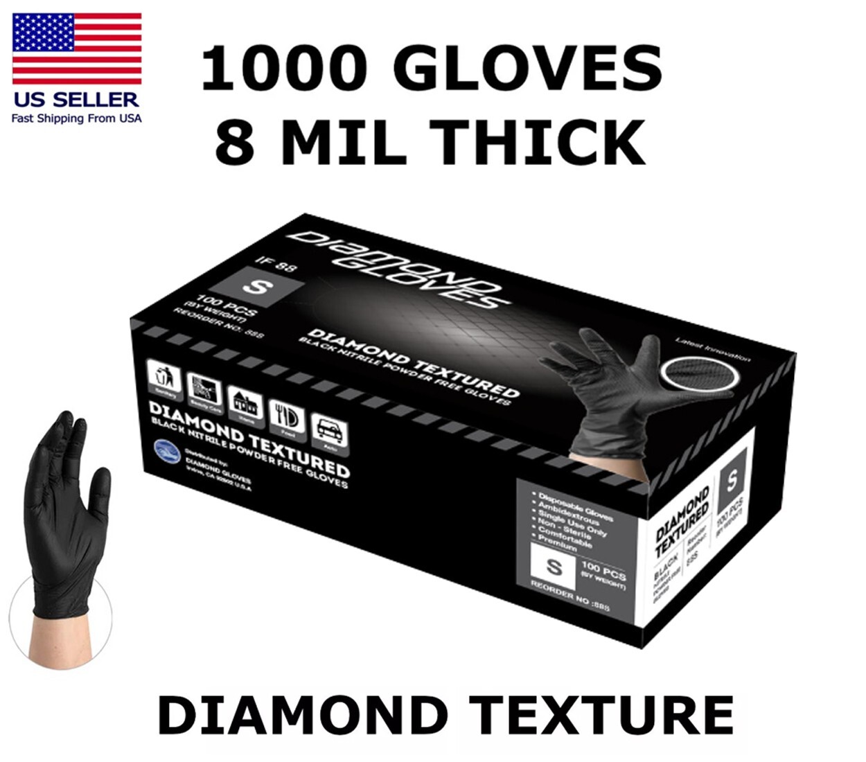 Heavy Duty Black Nitrile Diamond Textured Gloves 8 Mil Powder-Free Case of 1000