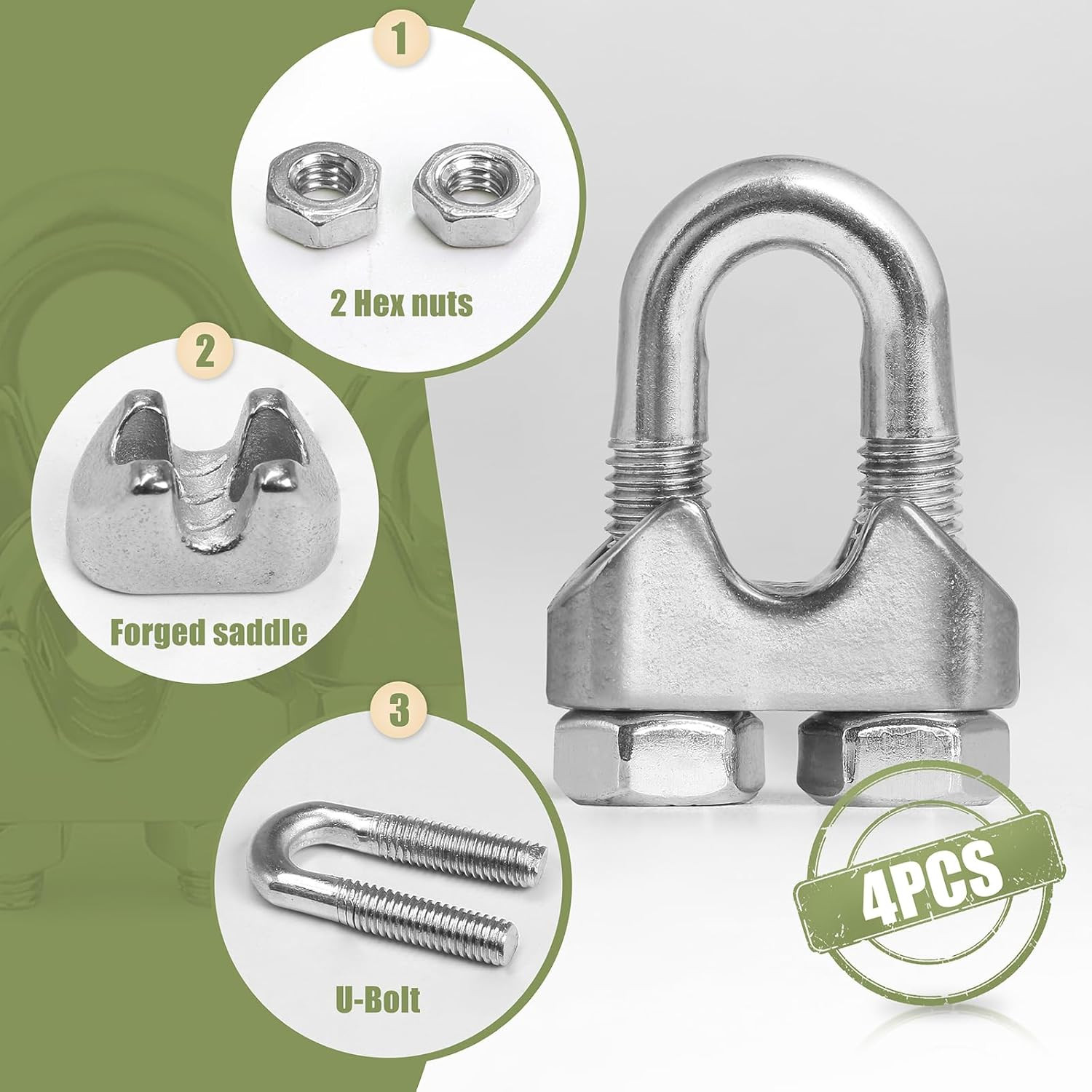 4Pcs M6 Wire Rope Clamp, 1/4 Inch Cable Clamps Stainless Steel Wire Rope Clips