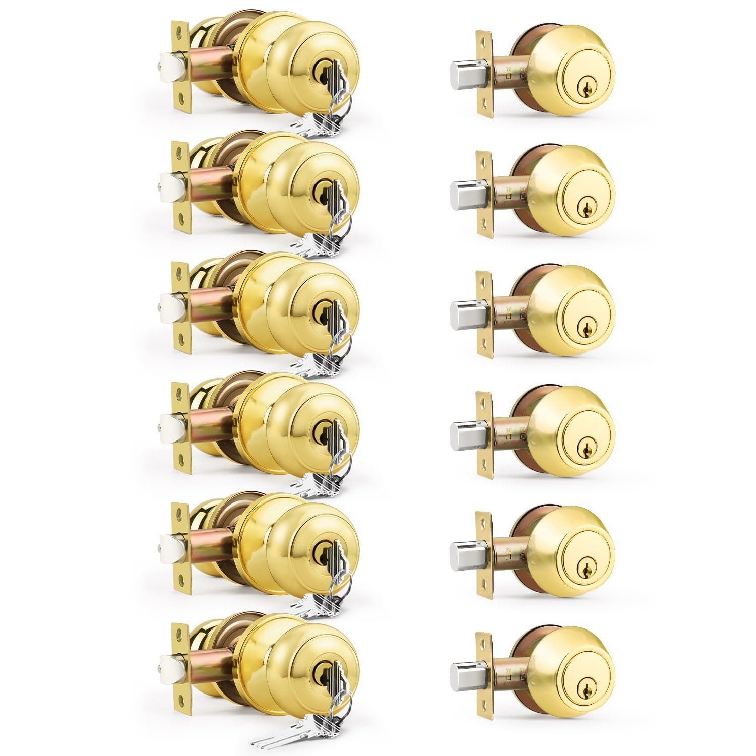 6 Pack Keyed Alike Front Door Knob and Deadbolt Set, Entry Door Locksets with…