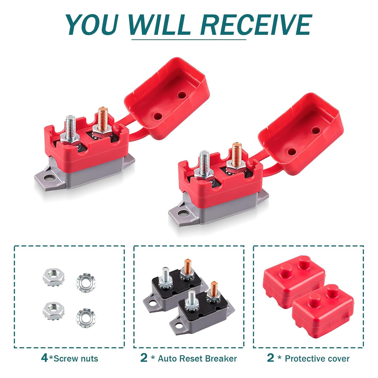 2 PCS DC 12V – 24V 50Amp Automatic Reset Circuit Breaker for Car, ATV, 50 Amp