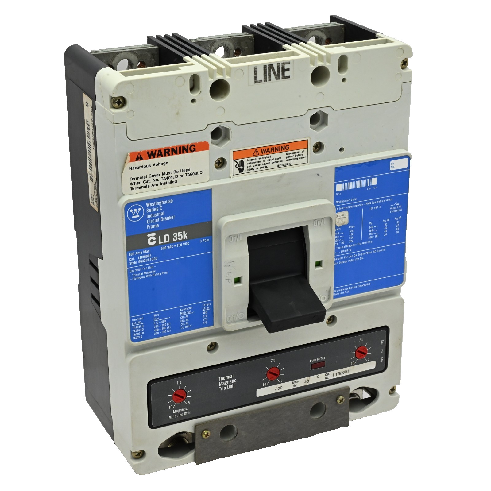Westinghouse LD3600F Industrial Circuit Breaker 6633C81G03 600A 600VAC/250VDC 3P