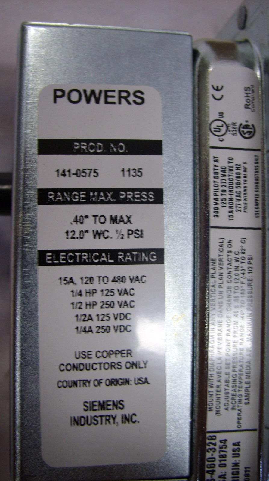 SIEMENS POWERS – AIR FLOW SWITCH – MANUAL RESET 141-0575 *NEW*