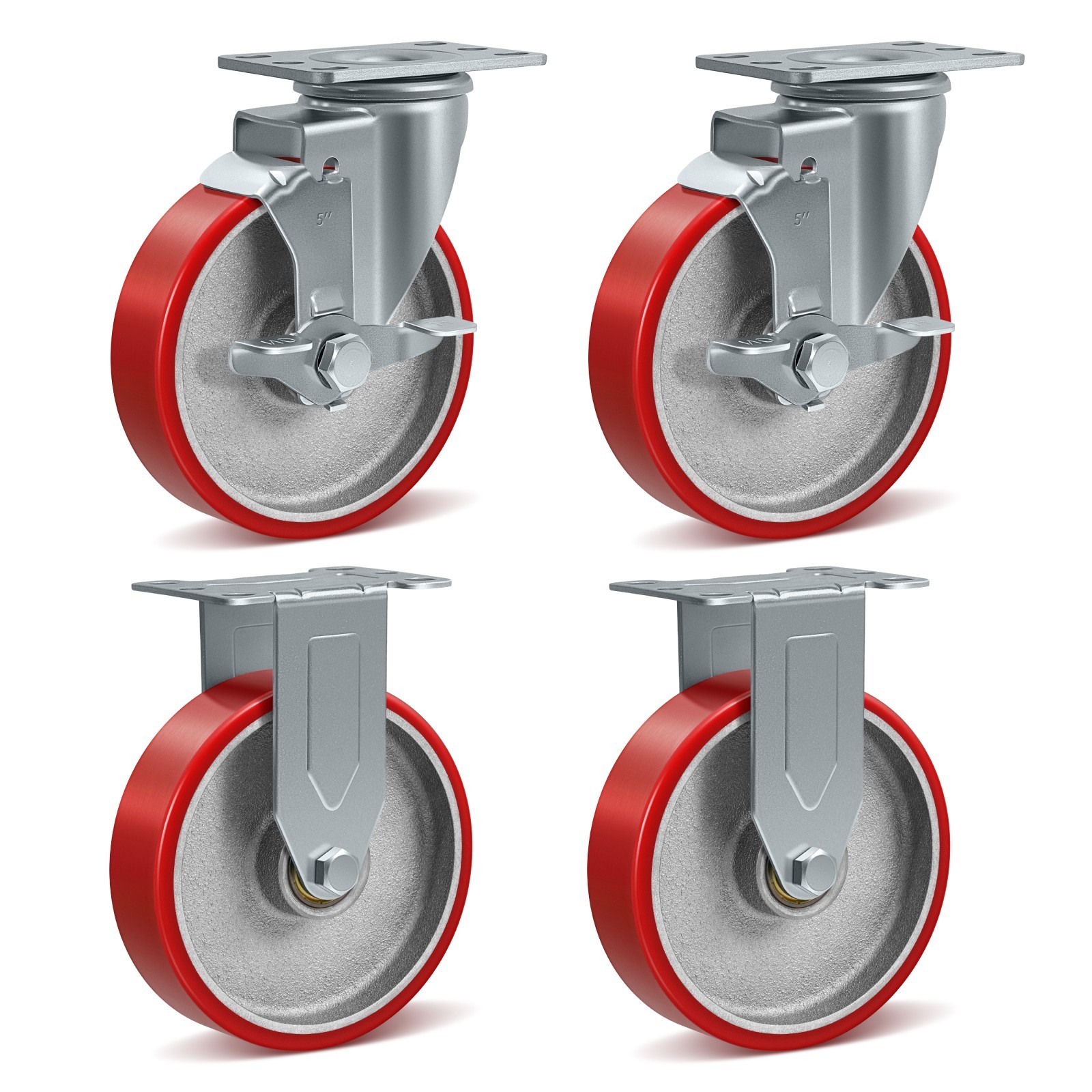 5″ Heavy Duty Casters , Polyurethane on Cast Iron Casters ,2200 lbs Capacity