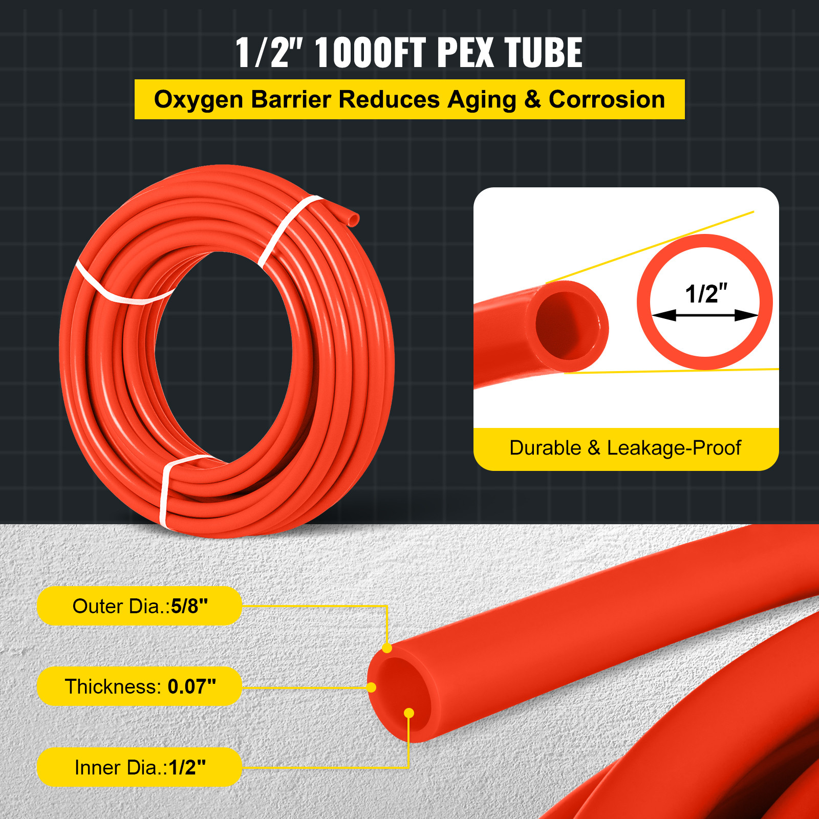 VEVOR 1/2″x1000ft Pex Tubing Oxygen Barrier Red Pex-B Pipe Radiant Floor Heat