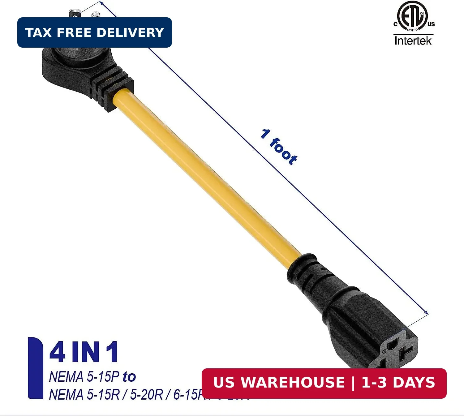 Right Angled [4-in-1] 15 Amp Household AC Plug to 20 Amp T Blade Adapter,5-15P t