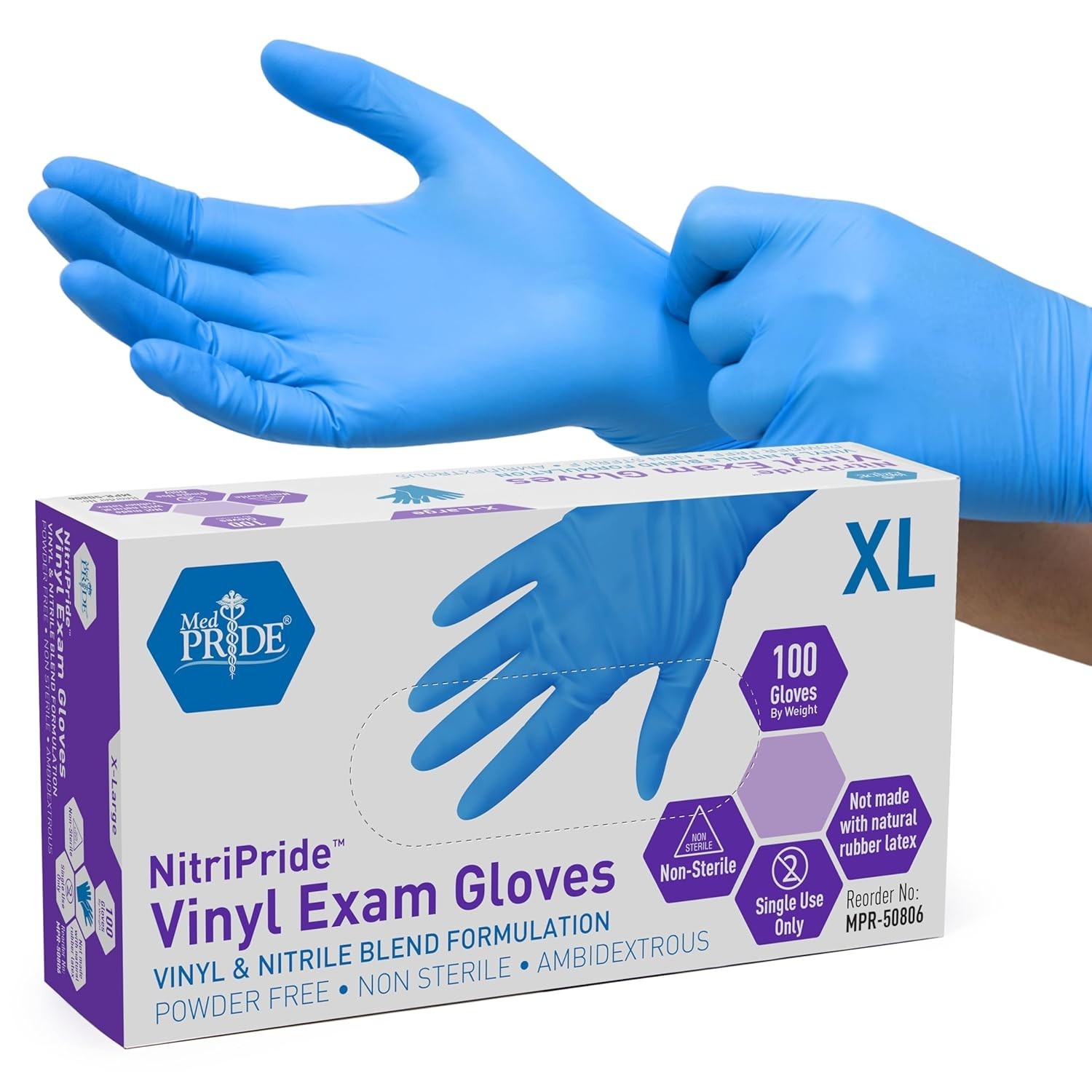Med Pride Nitrile/Vinyl Blend Exam Gloves, Powder-Free Latex-Free XL (100 Box)