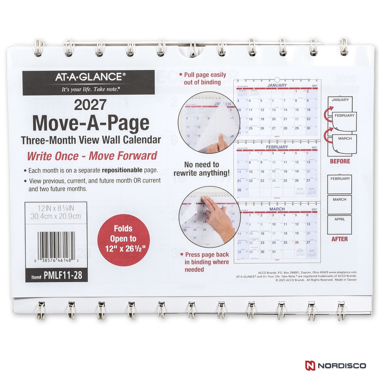 2026 At-A-Glance PMLF11-28 Move-A-Page 3-Month Wall Calendar