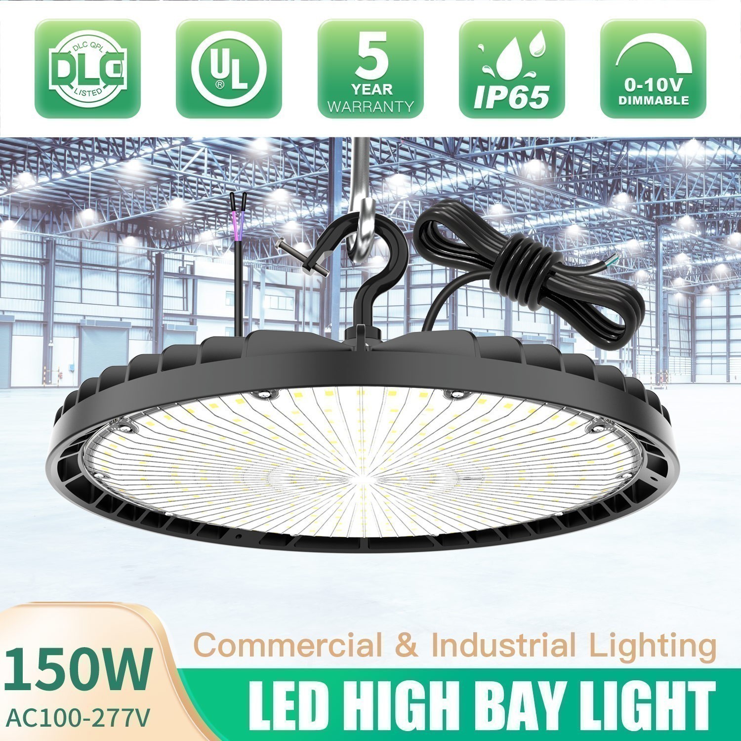 150 Watts UFO LED High Bay Light 21000lm (Eqv. 600W MH/HPS) 5000K 0-10V Dimmable