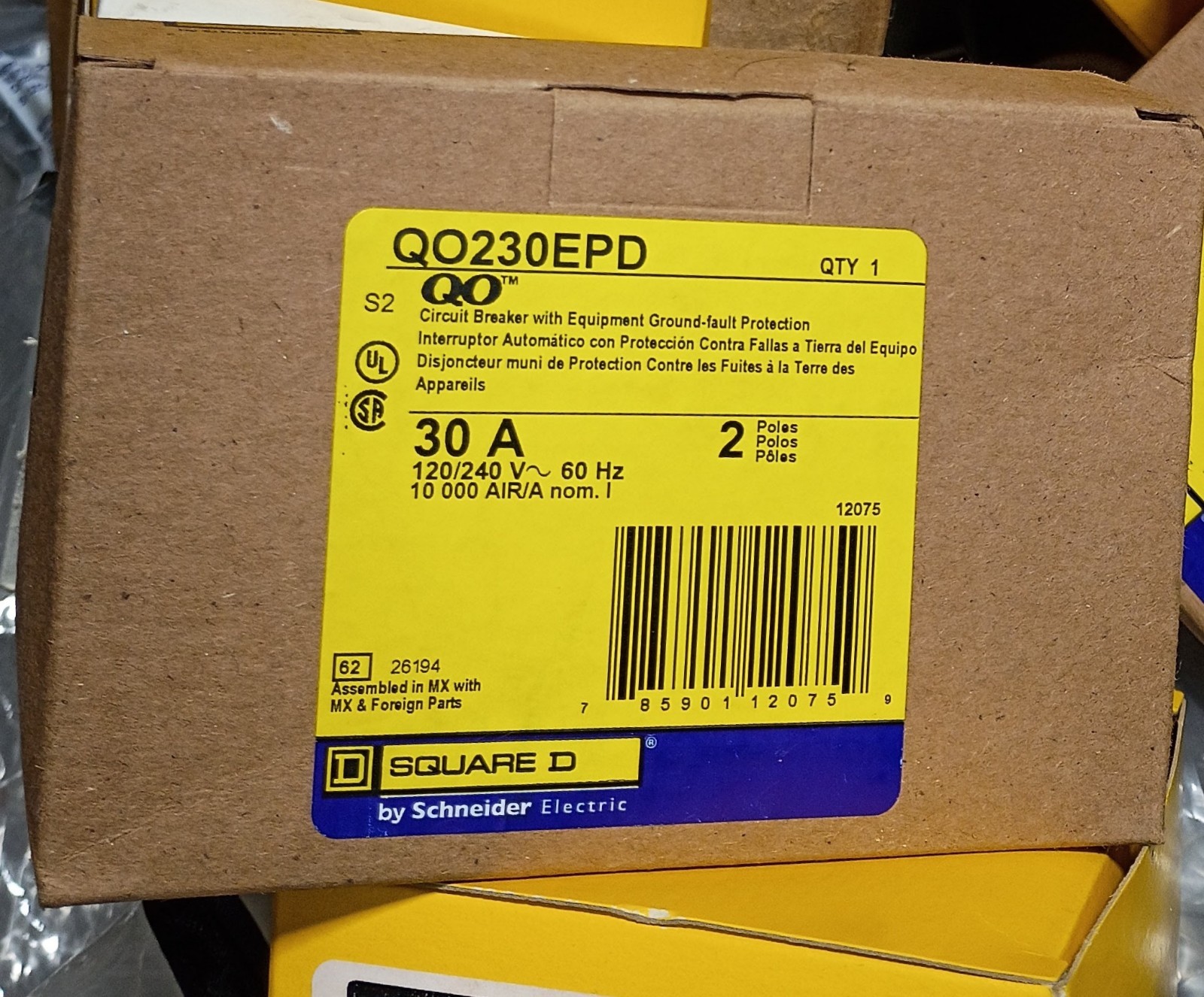 Schneider Electric QO230EPD Mini Circuit Breaker, 2-Pole, 30A, 120/240VAC