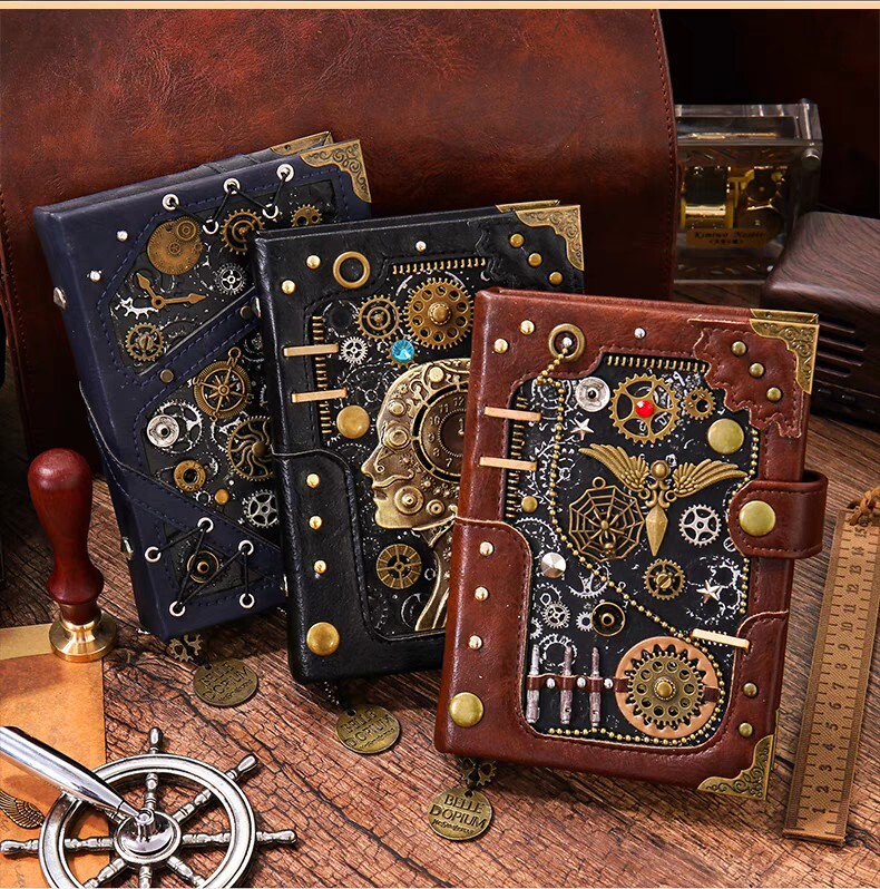 Handmade Steampunk Notebook Leather Journal with customized bookmark and stamp