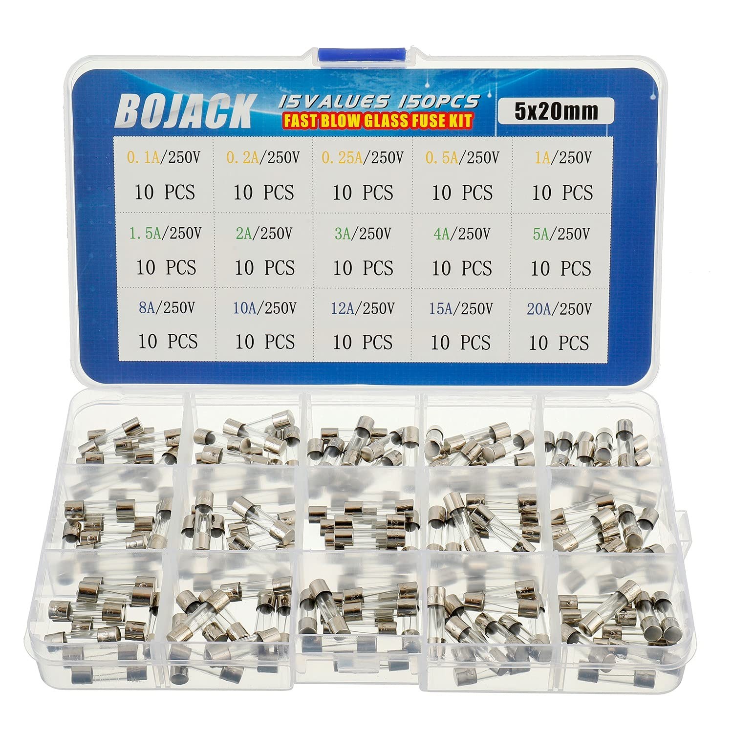 BOJACK 15 Values 150 pcs Fast Blow Glass Fuses Assortment Kit 5×20 mm 250 V 0.1