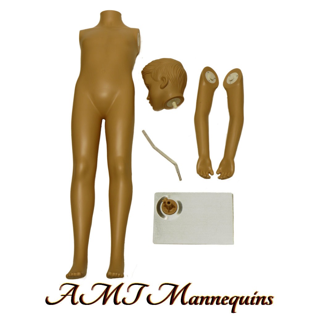 Child fullbody realistic looking mannequin w. 1 girl, 1 boy head +metal base+wig