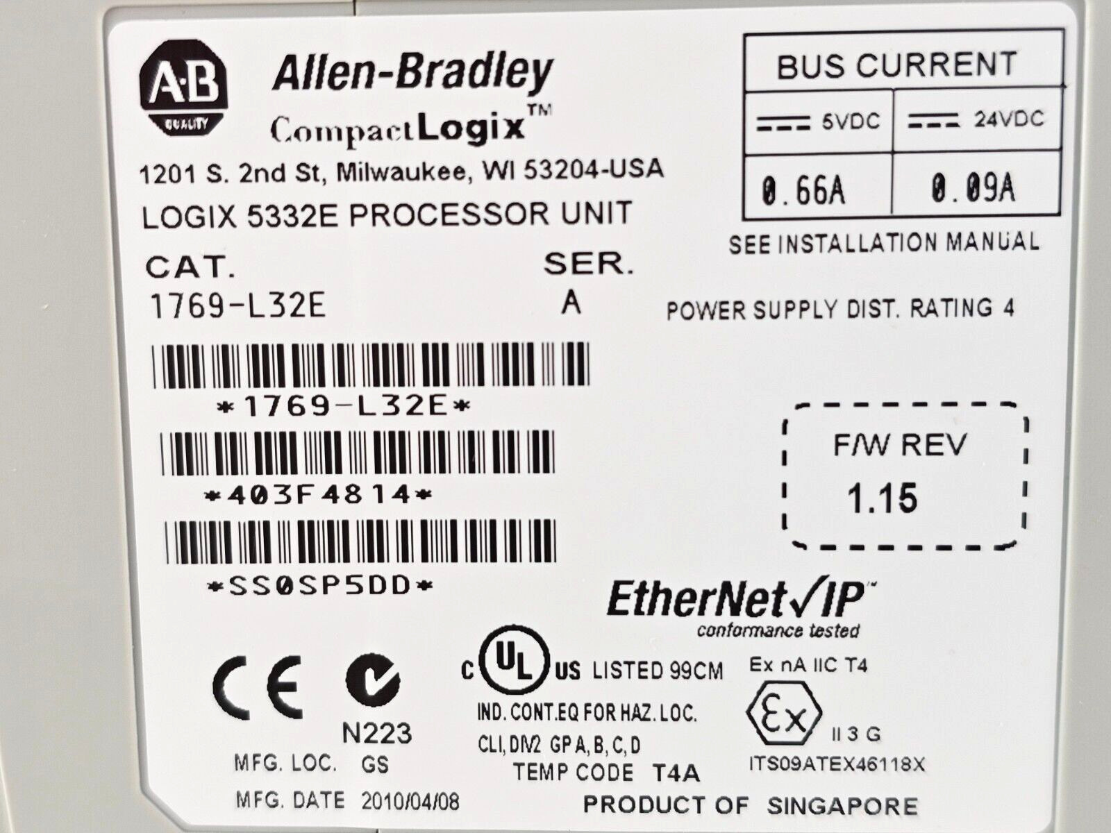 Allen Bradley 1769-L32E /A CompactLogix Processor W/ 1769-SM2 1769L32E 1769SM2