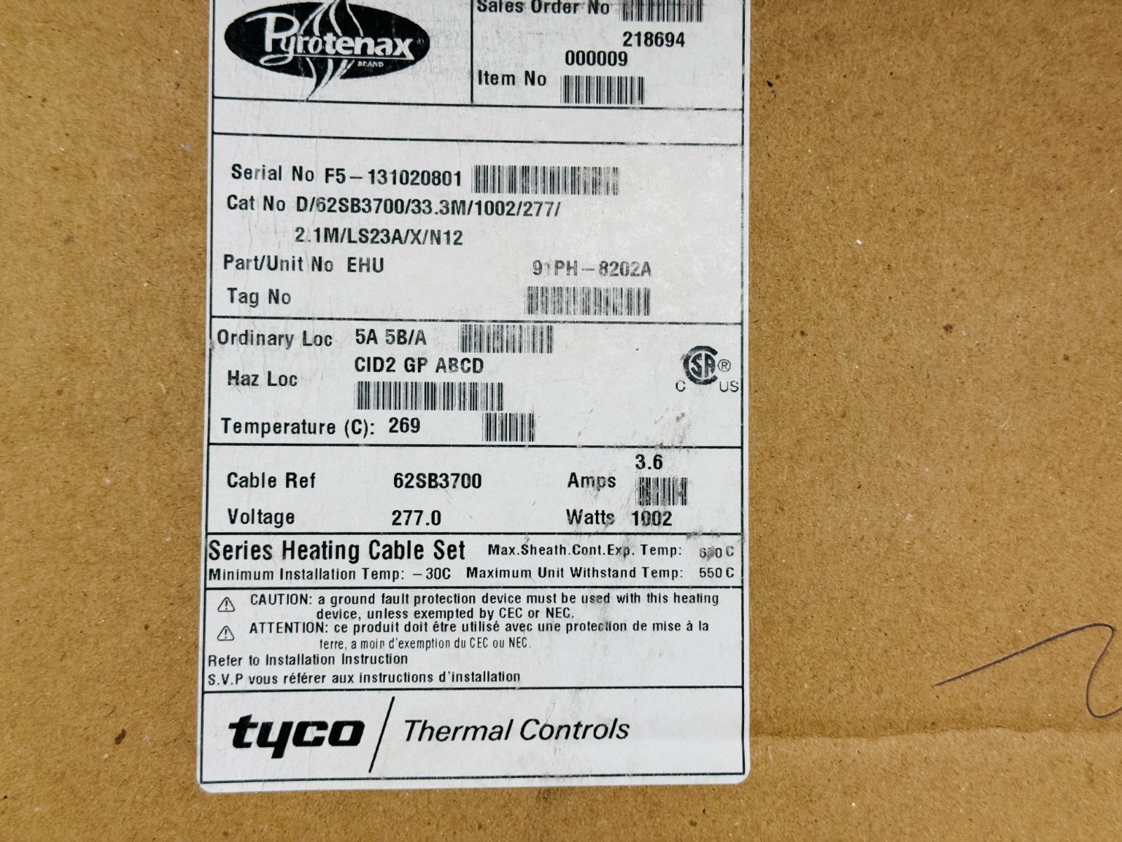 Pyrotenax D/62SB3700/33.3M/1002/277/2.1M/LS23A/X/N12 1002 Watts Heating Cable