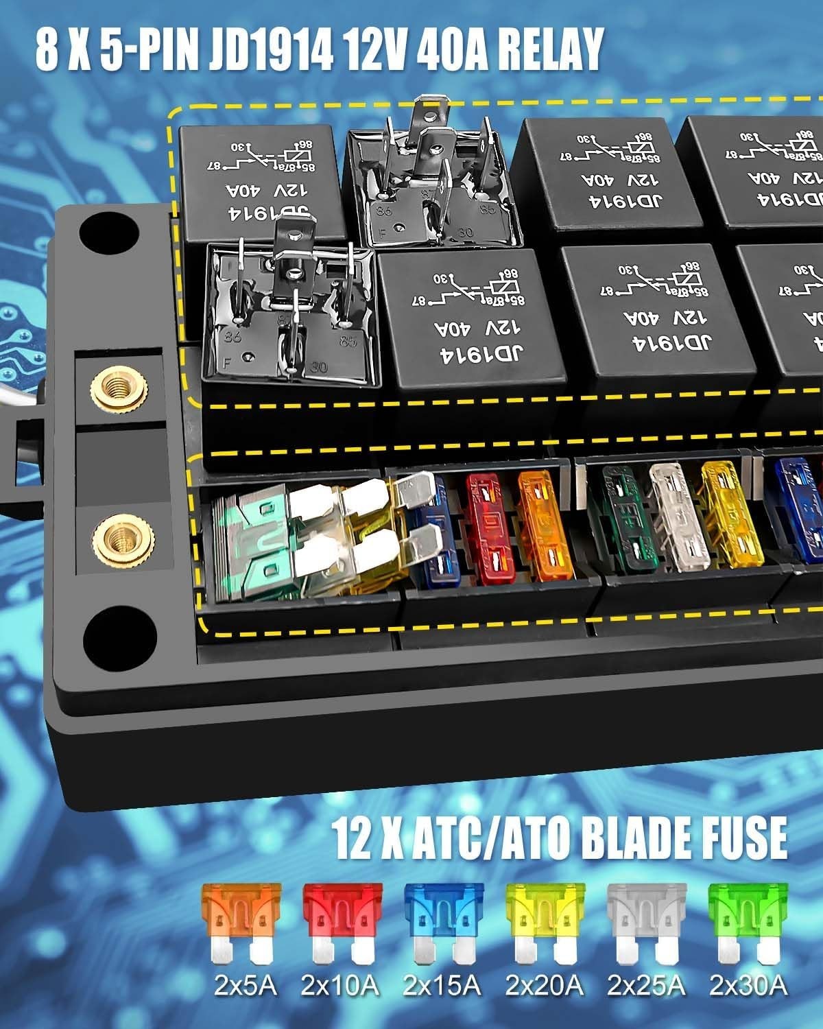 Pre-Wired 12V Relay Fuse Block with 8 Relays 12 Fuses