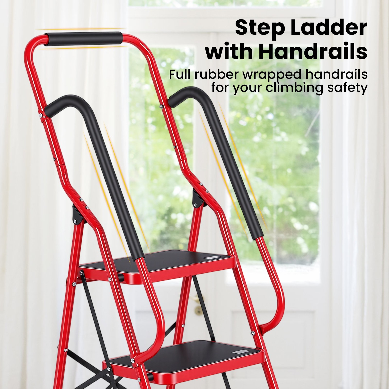 3 Step Ladder with Hankdrails, Folding Step Stool with Safety Lock, Red