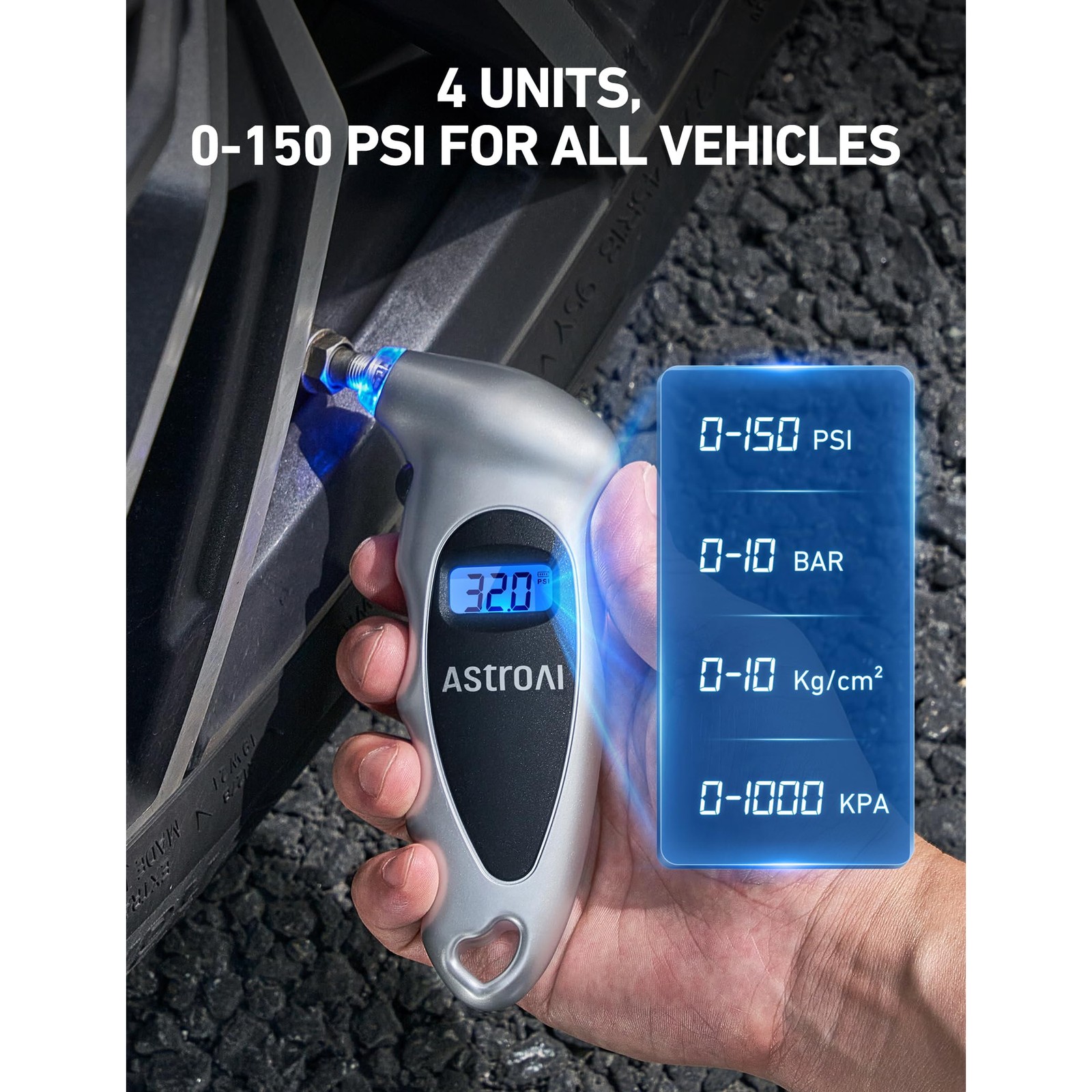 AstroAI Digital Tire Pressure Gauge 0-150PSI Calibrated to ANSI B40.7 +/-1PSI, A