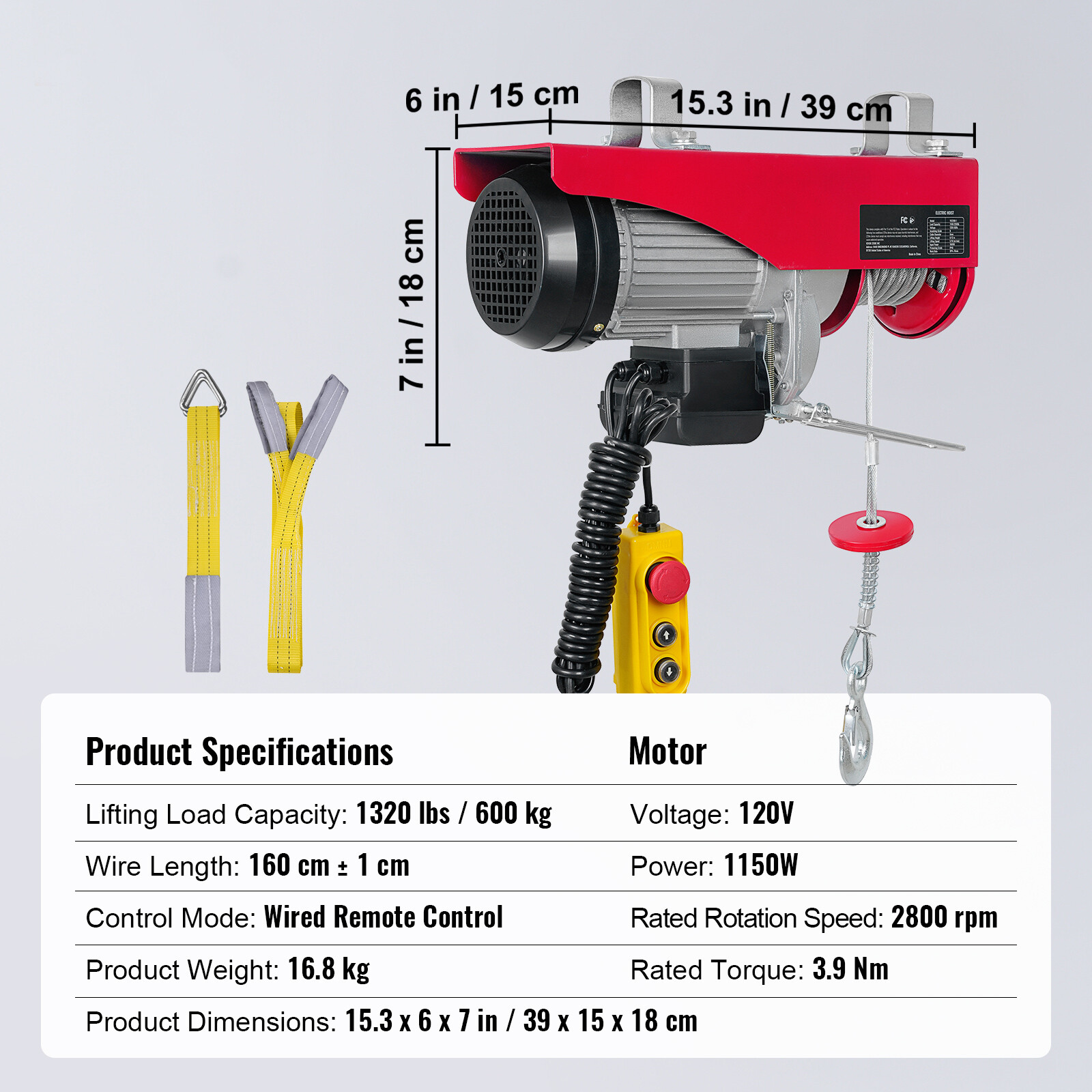 Electric Hoist 1320lbs Crane Winch with Wired Remote Control 1150W 110V