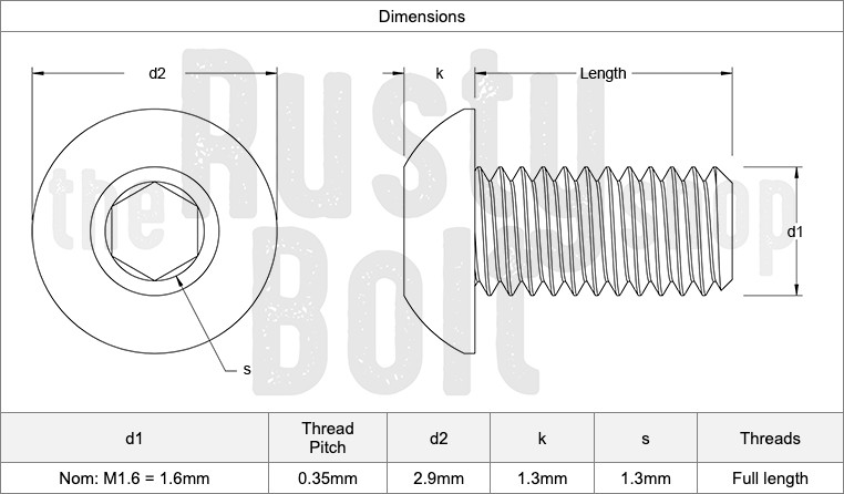 M1.6 x 6mm, Socket Button Head Screws, A2 304 18-8, Stainless Steel