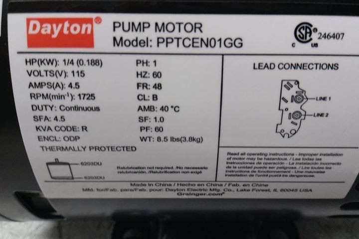 Dayton 5PXX9 1/4 HP 1725 Max RPM 115VAC 11 Ft Max Head Centrifugal Pump