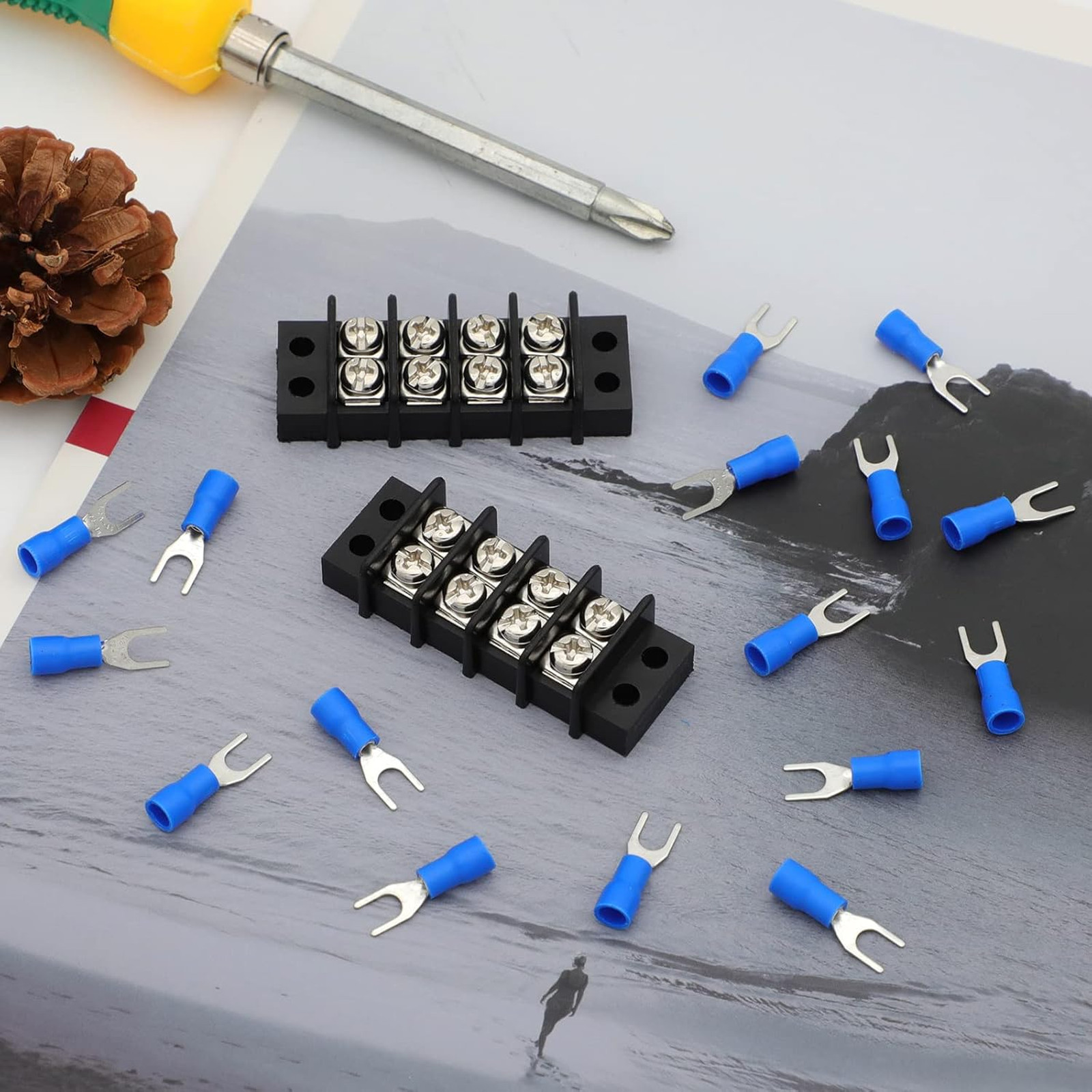 Terminal Block,2 Pack 4 Circuits 20-30A 200v-450v Dual Row Screw Terminals Strip