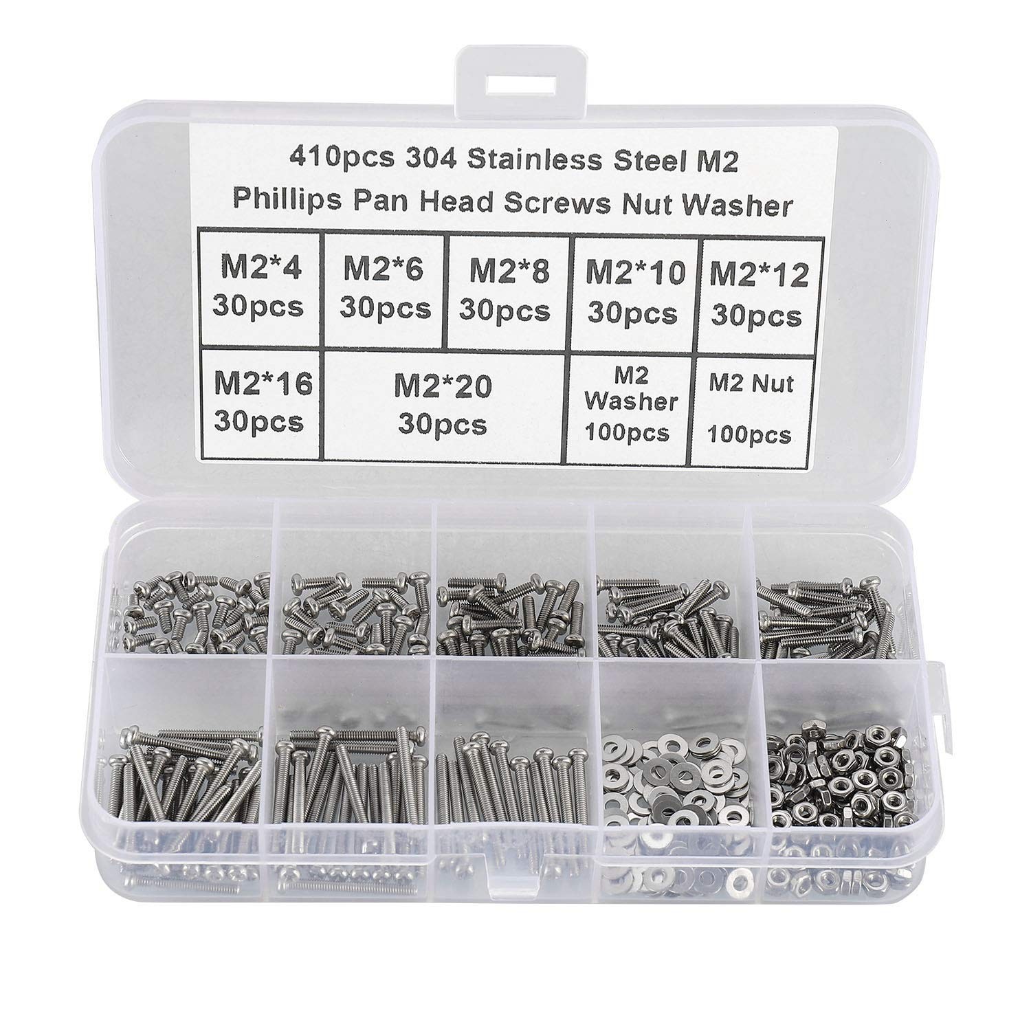 410-Pcs Stainless Steel M2 Phillips Pan Head Screws & Washers Assortment Kit