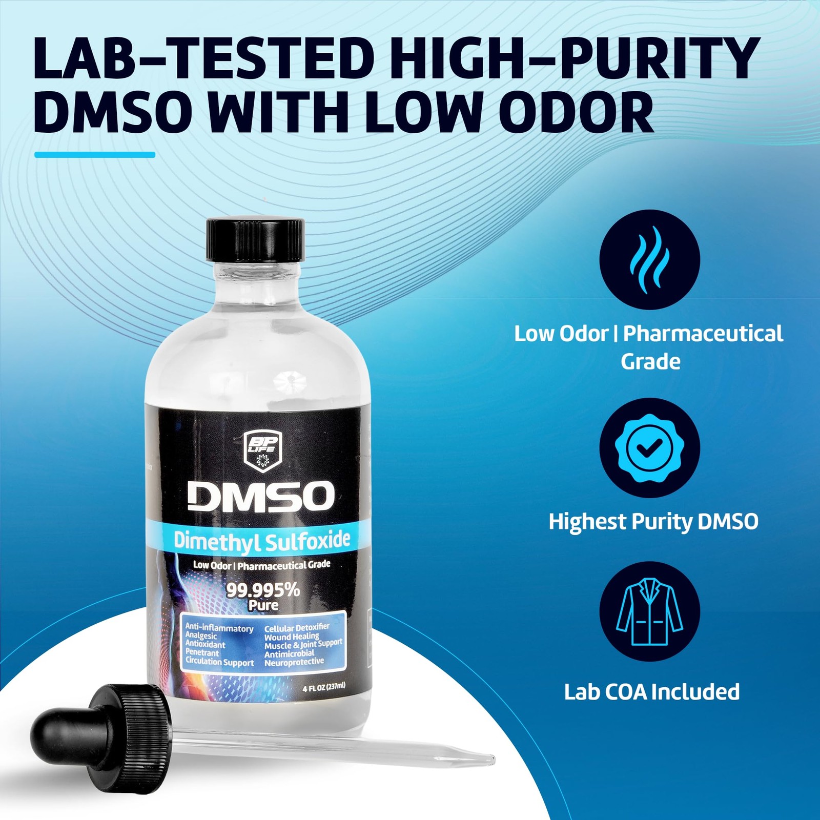 DMSO Pharmaceutical Grade 4oz Glass Bottle with Dropper Lid, No Odor, Lab Tes…