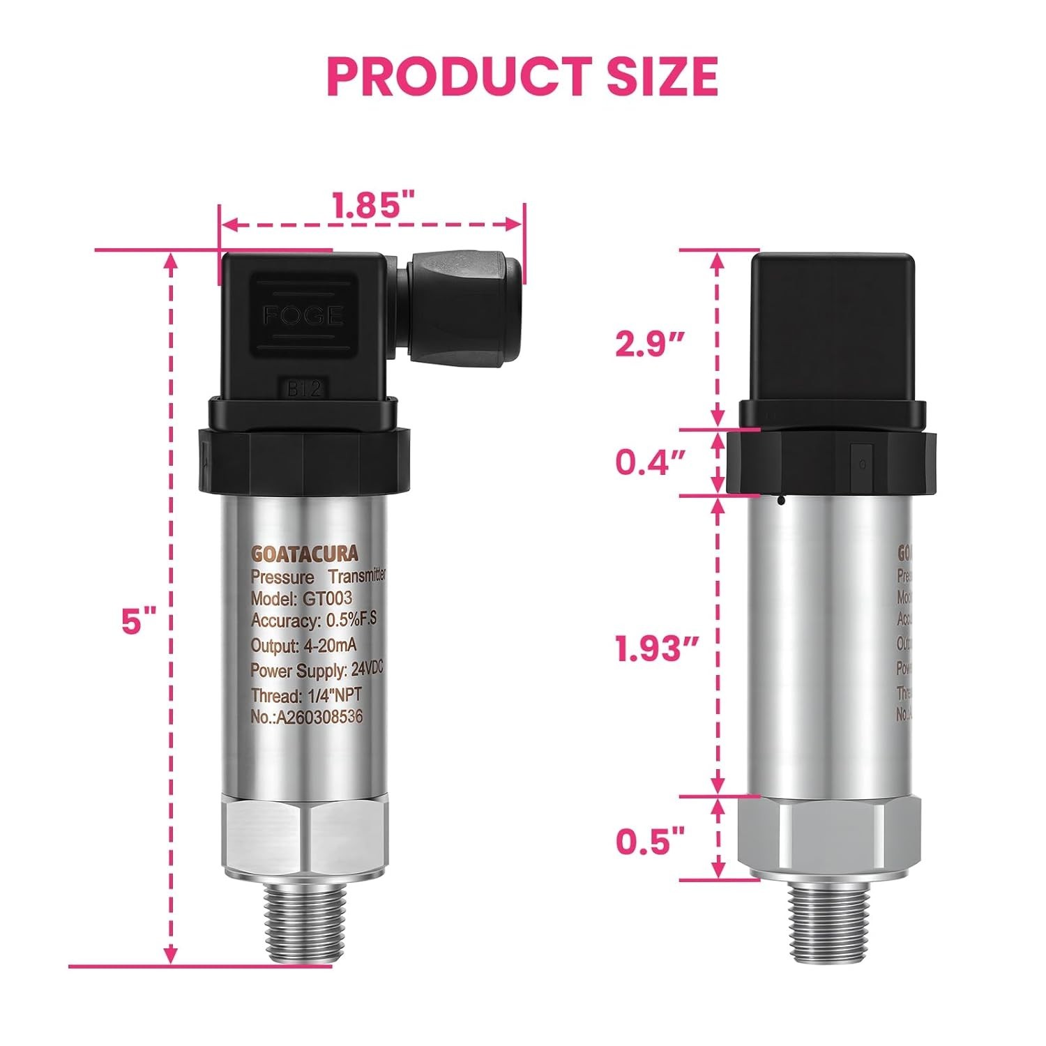 1000PSI Pressure Transmitter, Industrial Pressure Transducer 4-20mA 0.5% FS – 24