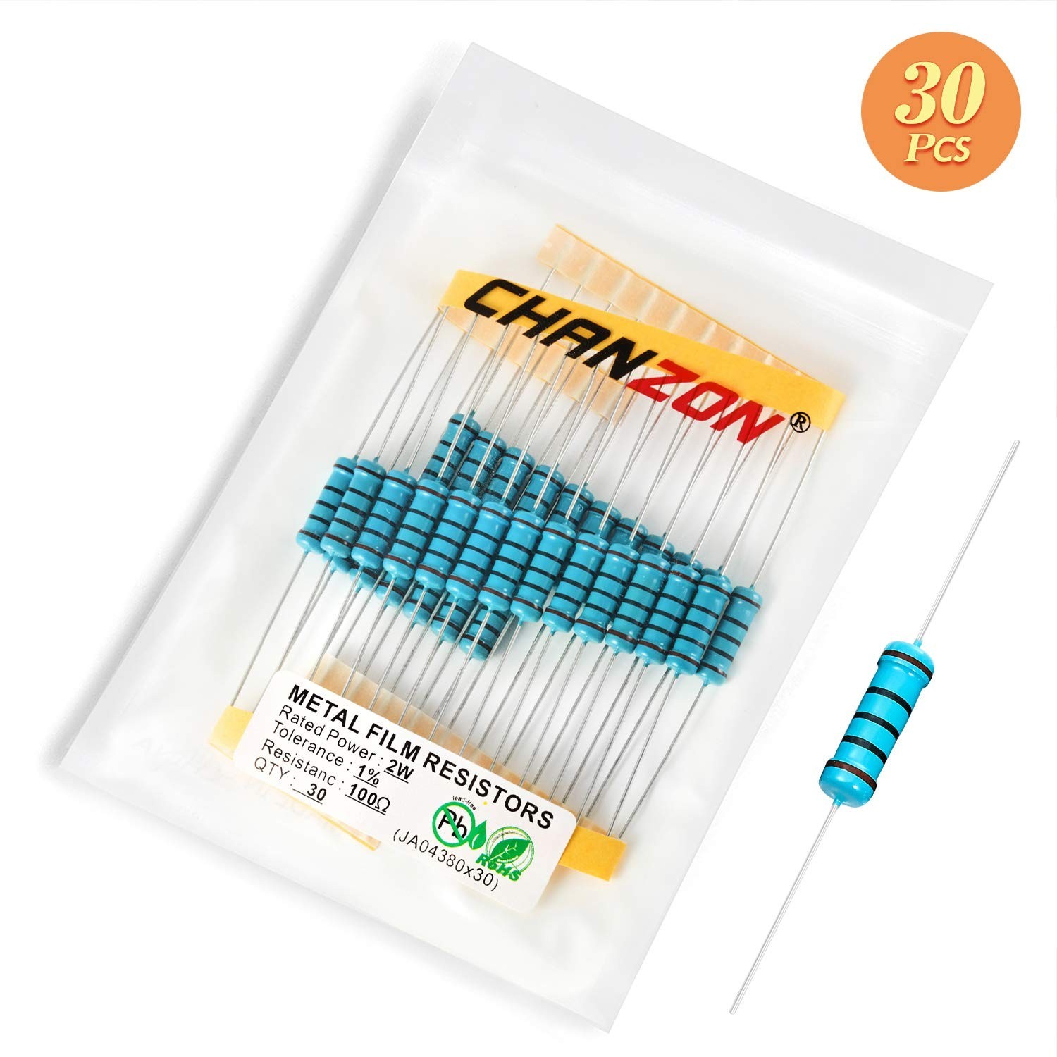 30pcs 2W 100 Ω ohm Metal Film Fixed Resistor 0.01 ±1% Tolerance 100R MF Throu…