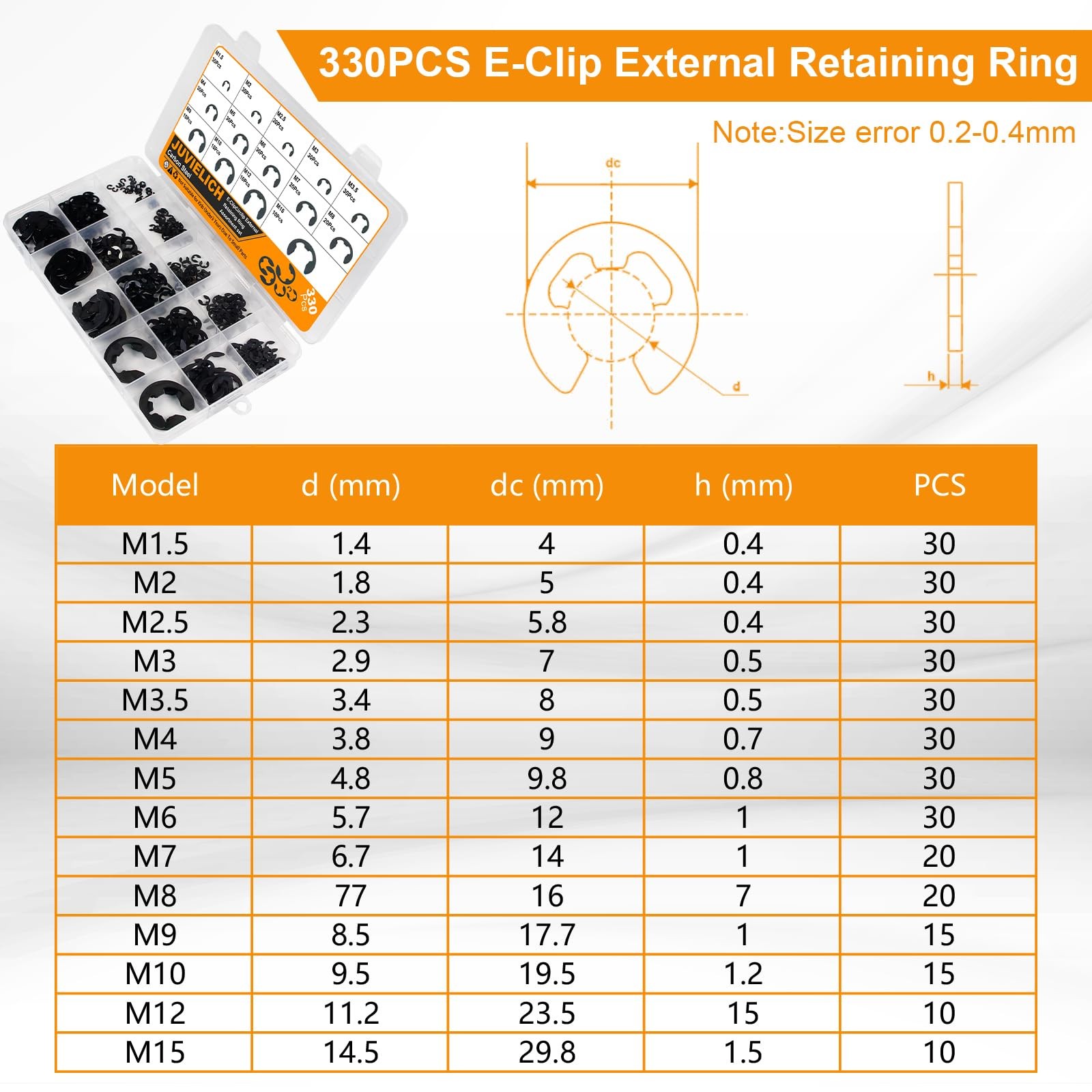 E Clip Circlip Assortment Kit 330PCS 14 Size Carbon Steel External Retaining …