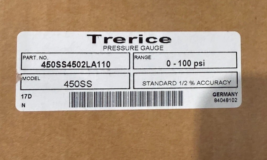 NOS Trerice Pressure Gauge 0-100psi 450SS4502LA110 450SS Made in Germany
