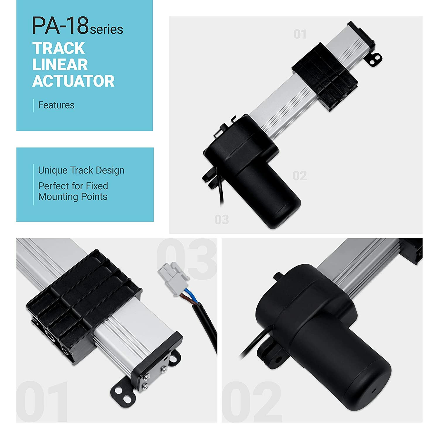 12V Track Linear Actuator (2″-60″ stroke, 150-900 lbs. force) – PA-18 model