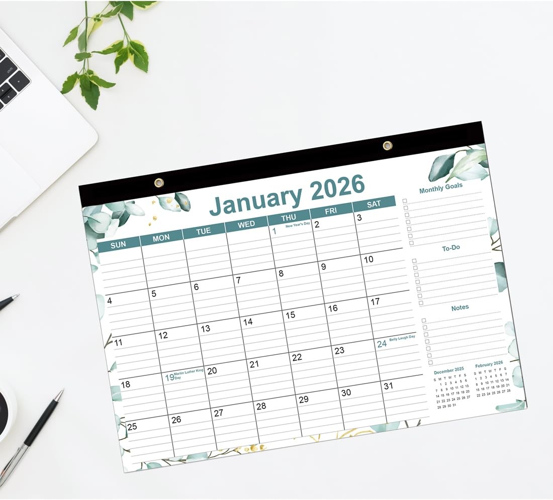 2026 Desk Calendar – 12 Months Calendars from January 17″ x 12″, Green Leaf