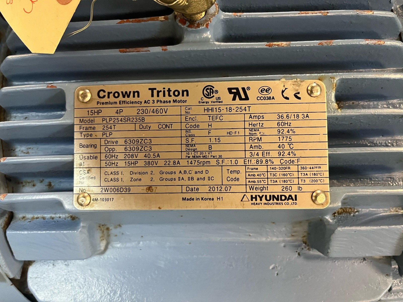 CROWN TRITON,HH15-18-254T,MOTOR 15HP 3PH 1775RPM 254T PLP254SR235B