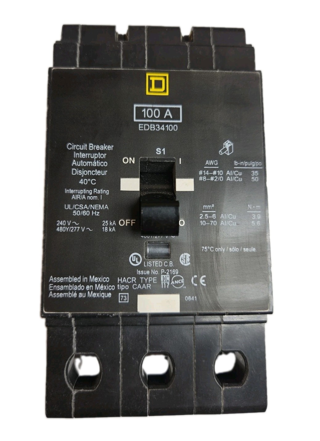 Square D EDB34100 3-Pole Circuit Breaker 100 Amp