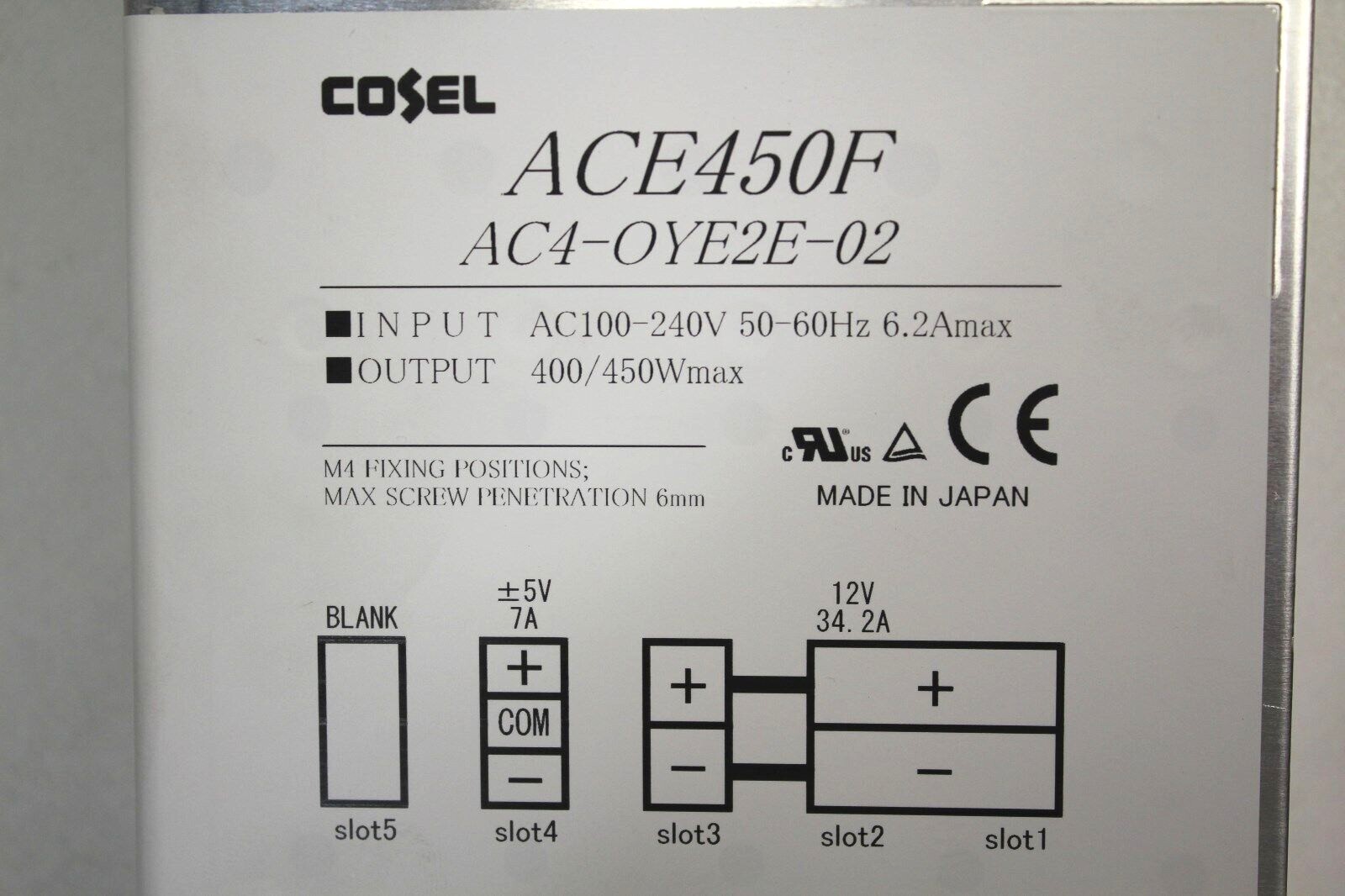 AC4-OYE2E-02 COSEL AC100-240V 50-60HZ 6.2AMAX 400/450W MAX NEW ! ACE450F