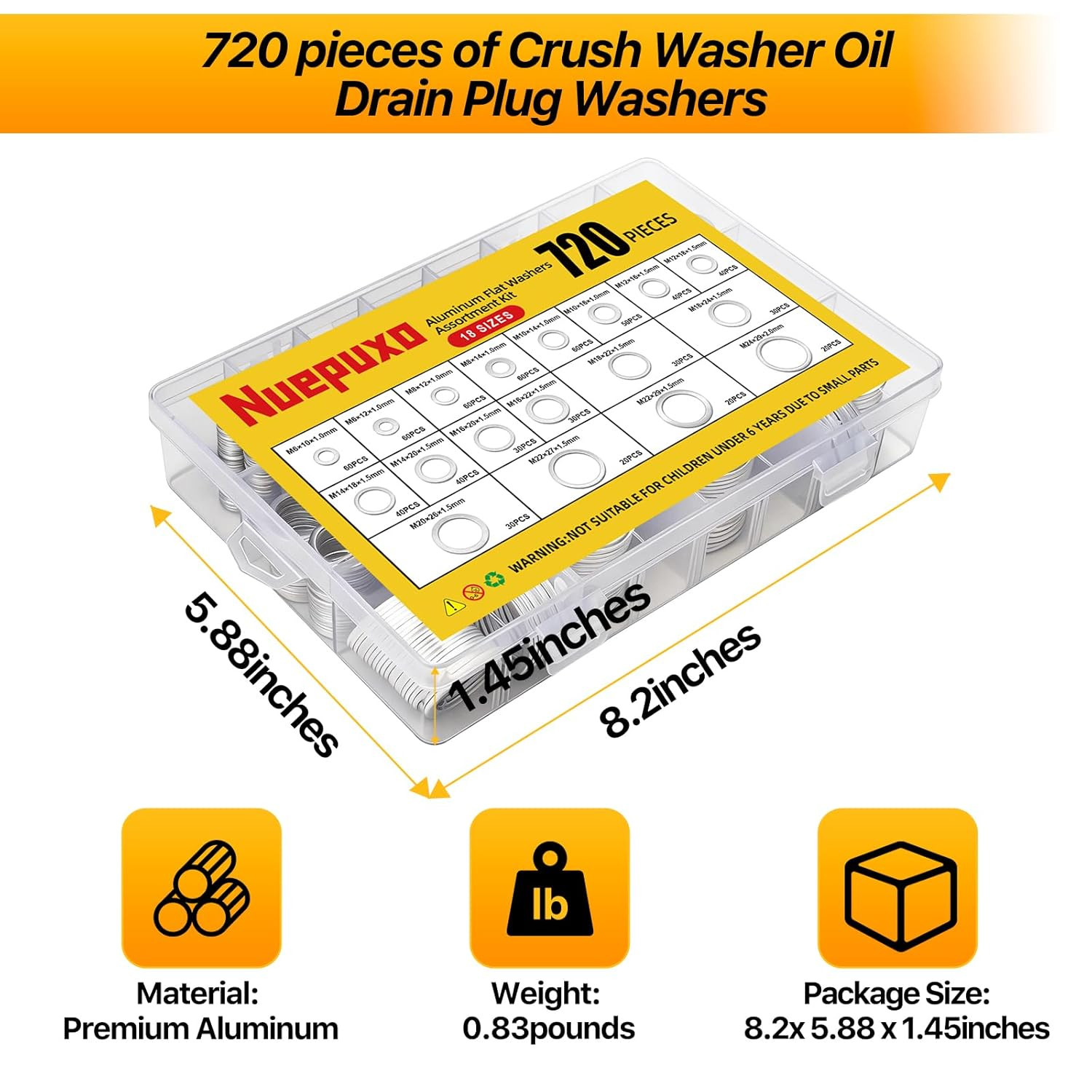 720PCS Crush Washer Kit, Aluminum Oil Drain Plug Gasket Assortment | 18 Sizes Cr