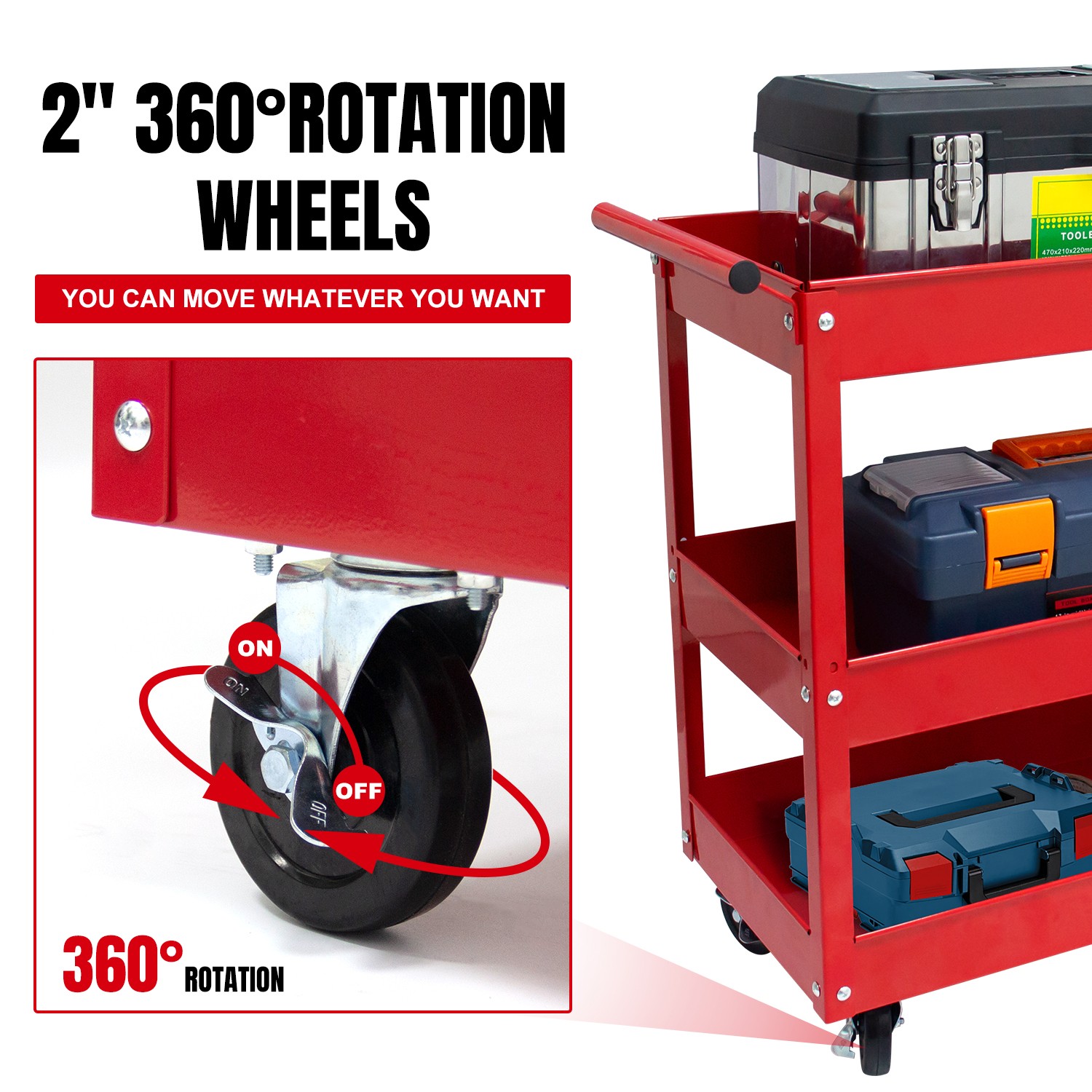 400LBS Steel 3-Shelf Rolling Multipurpose Service Tool Cart for Garage Home