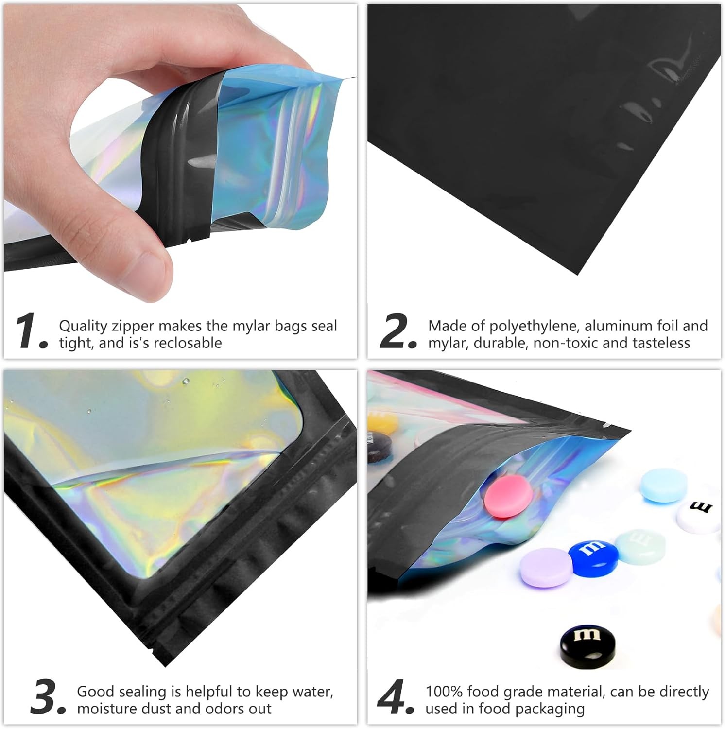 Funfery 100 pcs Black Mylar Holographic Resealable Bags,Clear Packaging Bag Odor