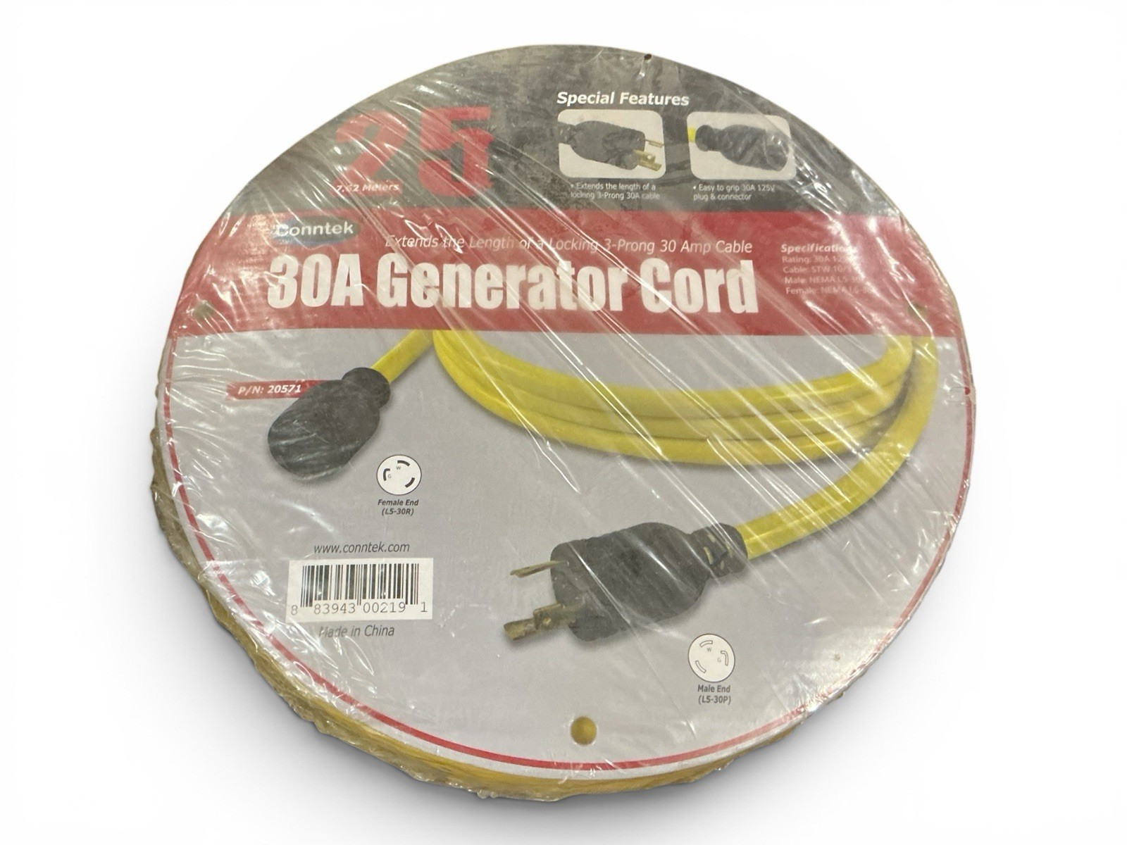 Conntek 20571 25FT 30 Amp Generator Extension Cord L5-30P to L5-30R Locking New