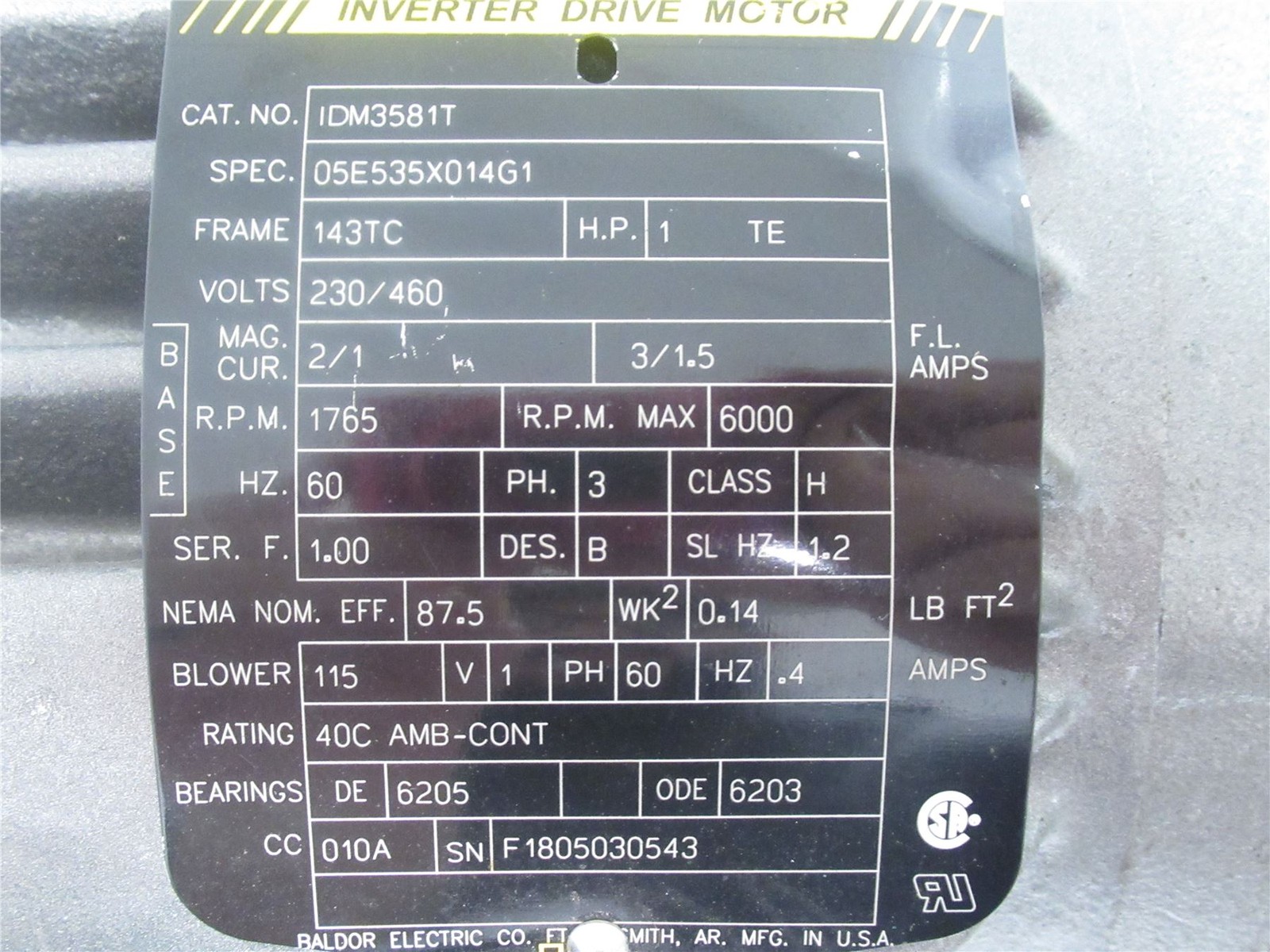 236237 Old-Stock; Baldor IDM3581T AC Motor; 1HP ; 230/460V ; 1765-6000RPM ; 3PH