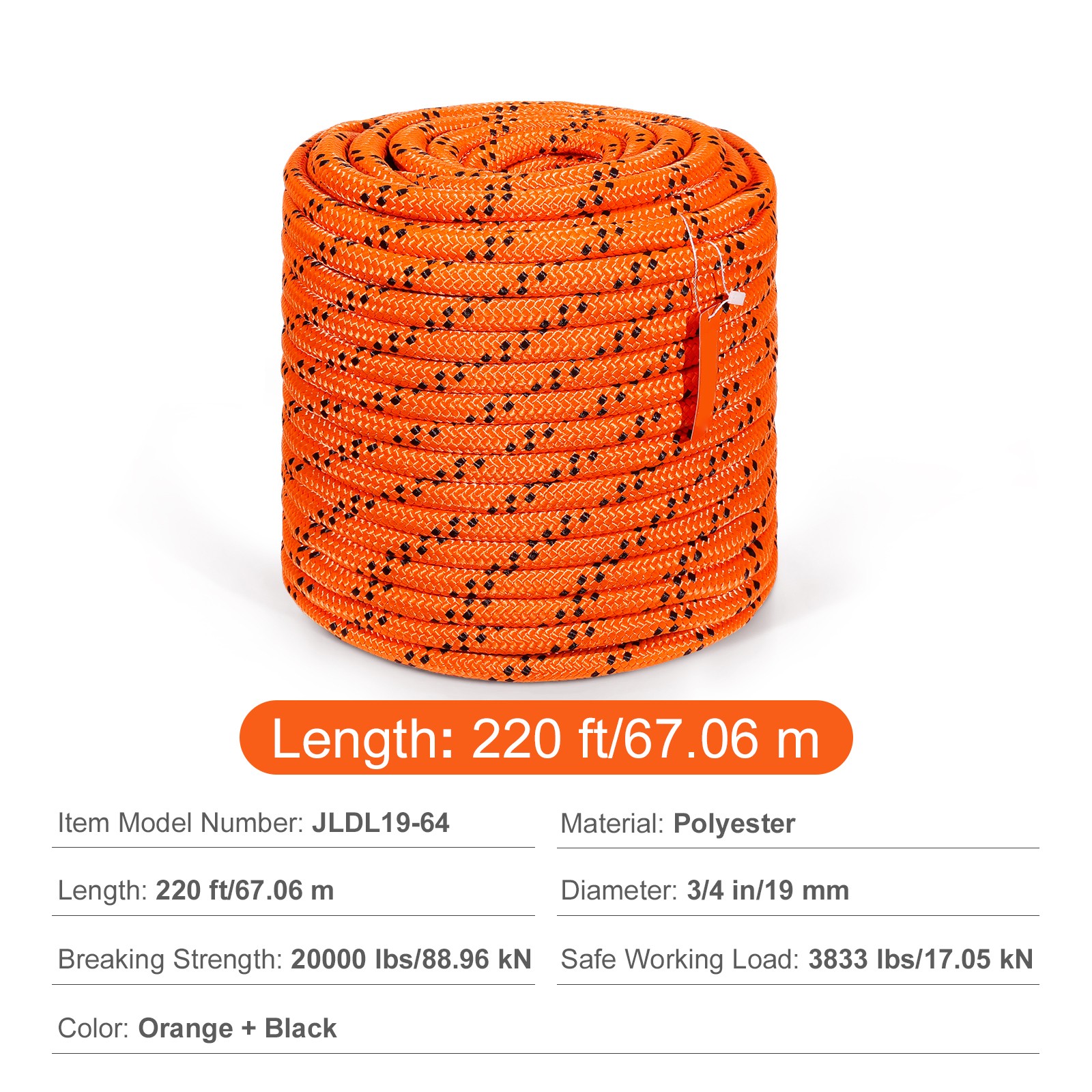 VEVOR Arborist Tree Climbing Rope Double Braid Polyester 3/4″ x 220′ 24-Strand