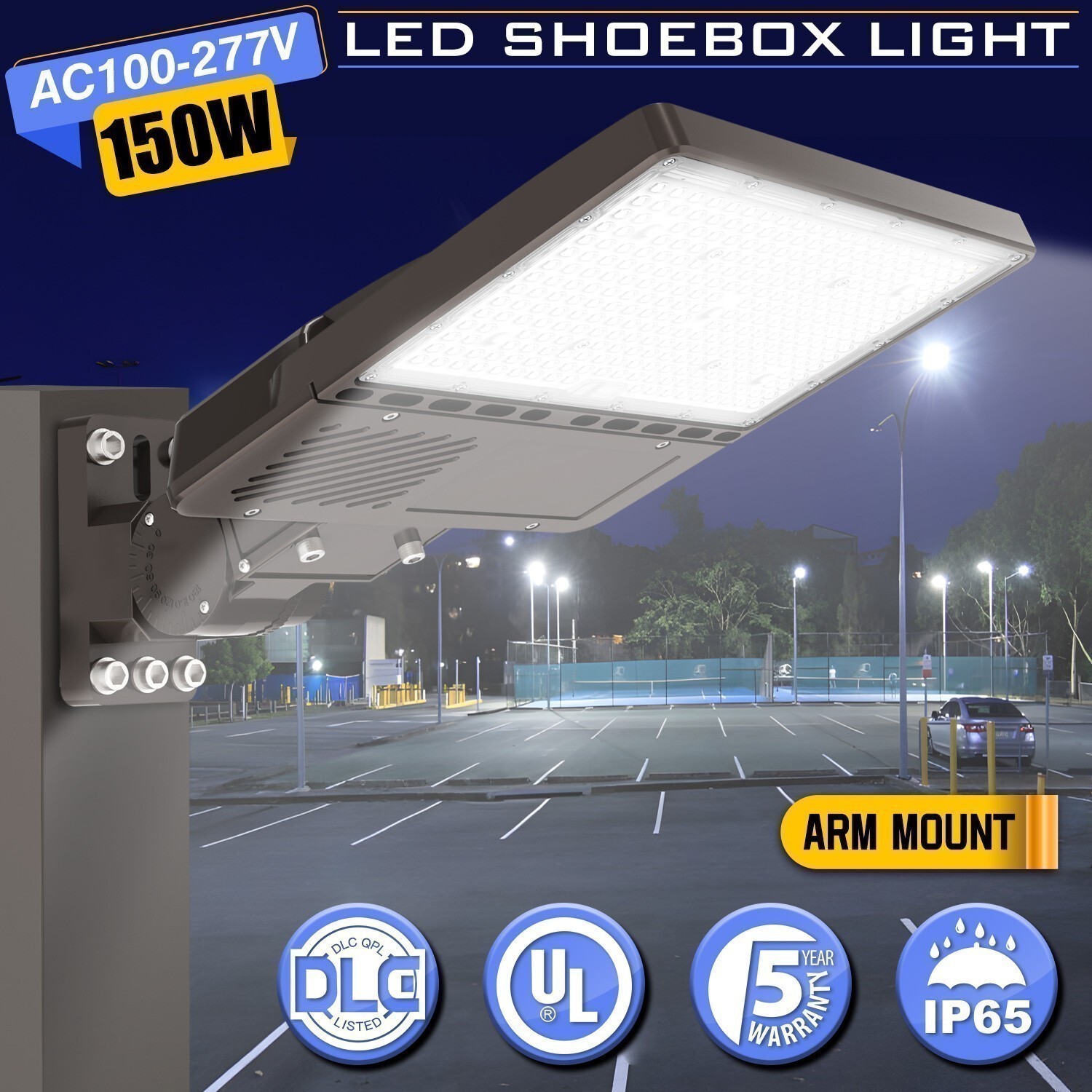 150W LED Parking Lot Light Dusk To Dawn Shoebox Fixture Outdoor Commercial Lamp