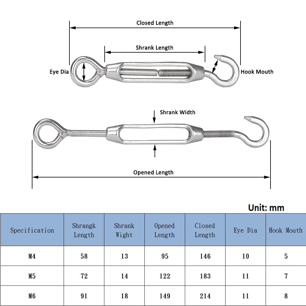 YAMASO 6Pcs M6 Hook & Eye Turnbuckle Wire Rope Tensioner Stainless Steel 304